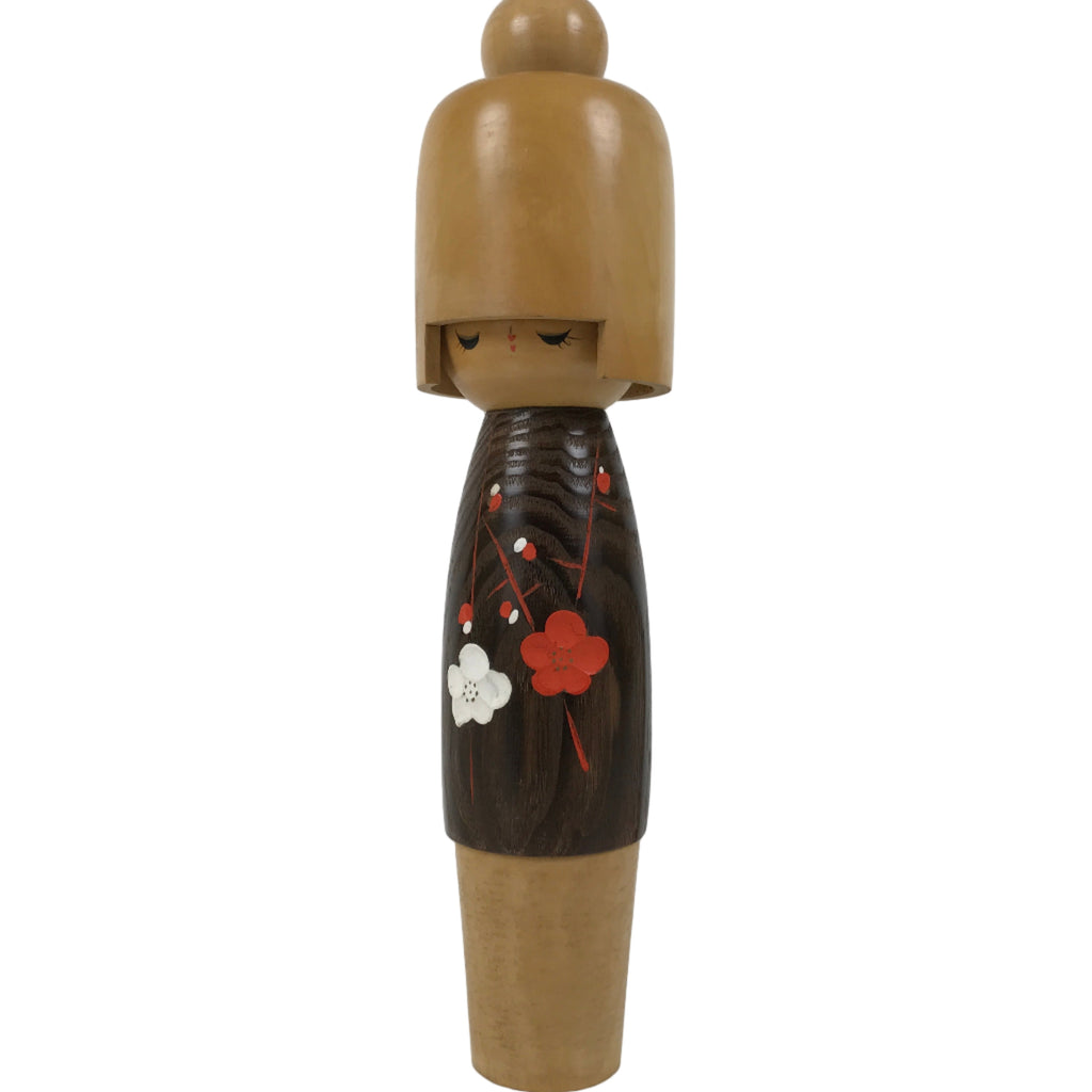Japanese Modern Wooden Kokeshi Doll Vtg Black Red Plum Traditional Craft KF780