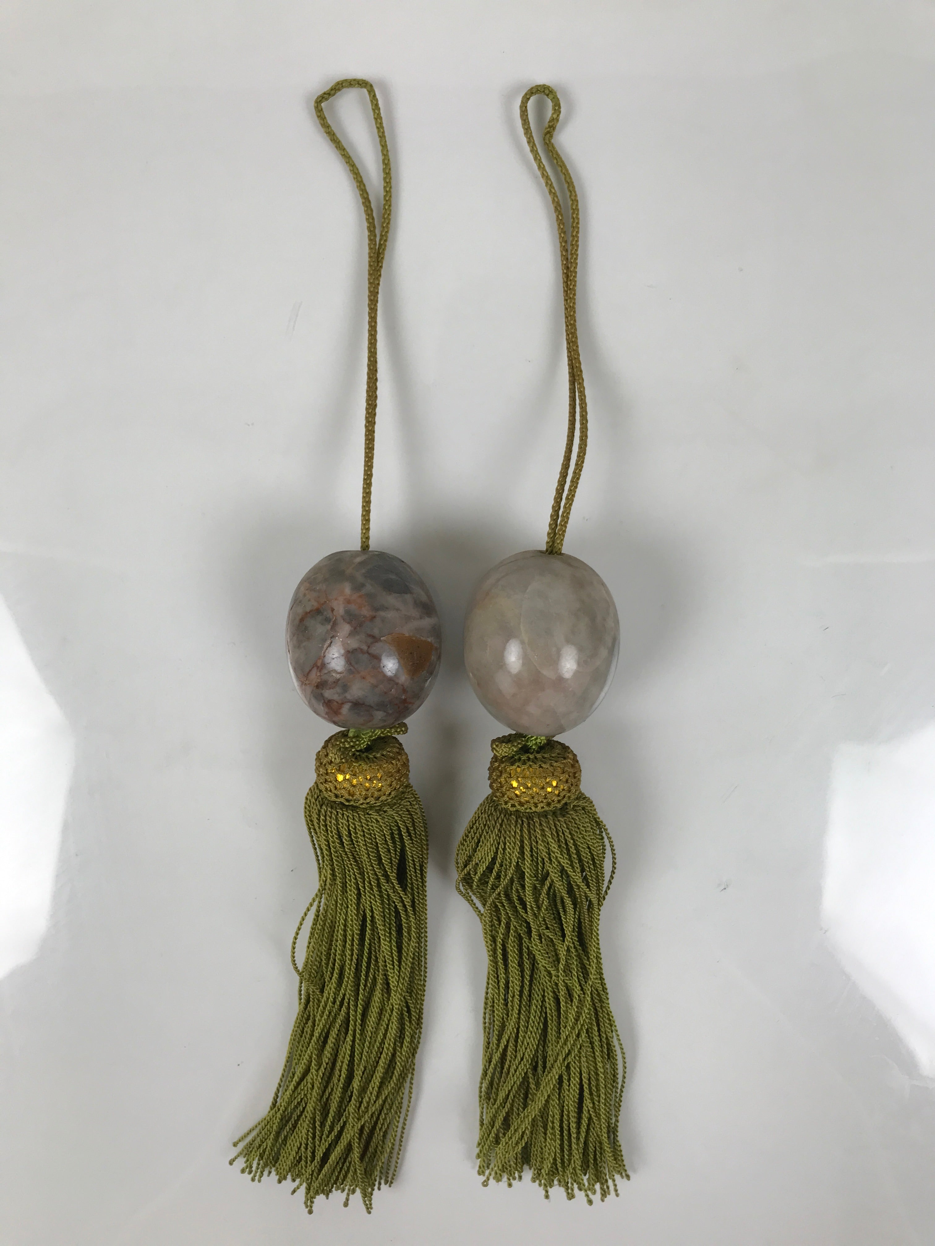 Japanese Moonstone Stone Hanging Scroll Weights Vtg Fuchin Kakejiku Tassel FC371