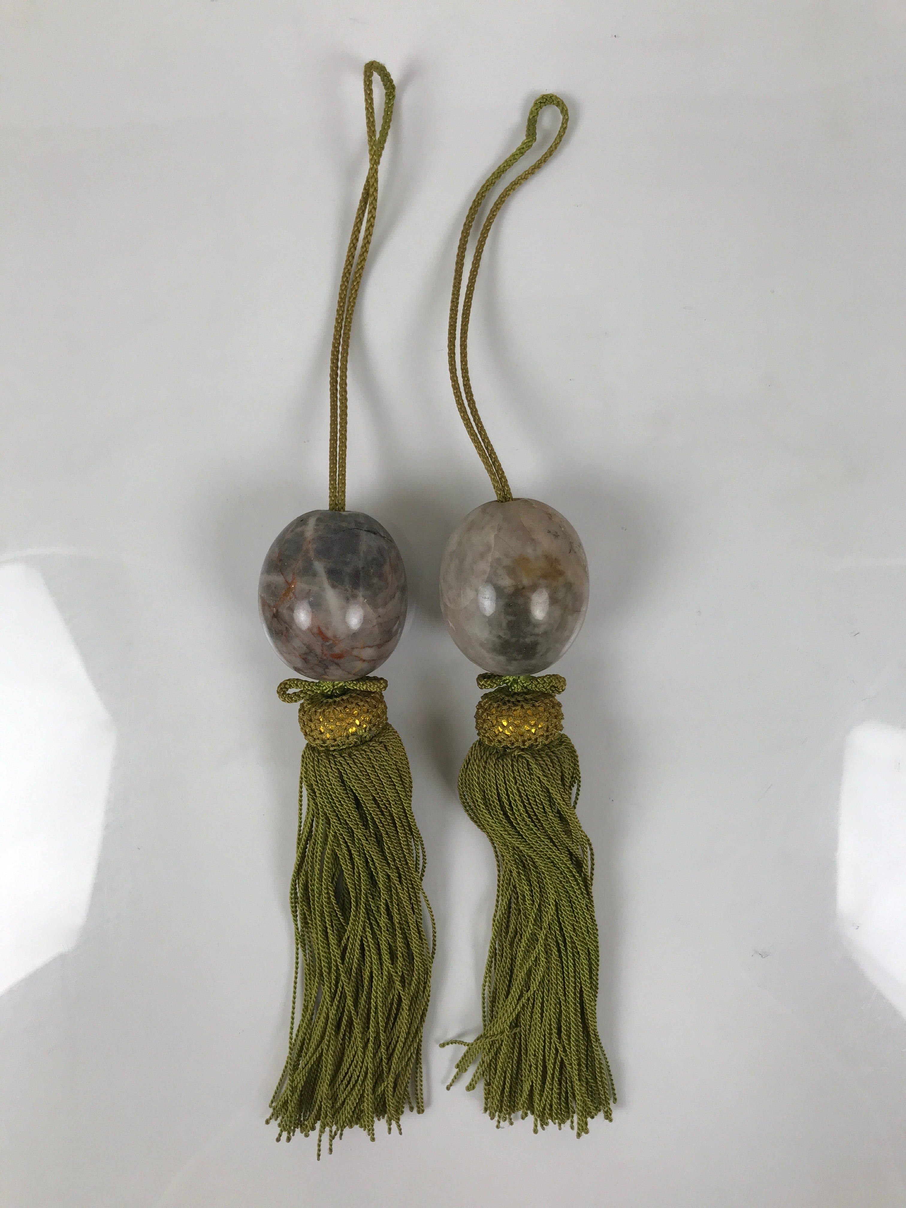 Japanese Moonstone Stone Hanging Scroll Weights Vtg Fuchin Kakejiku Tassel FC371