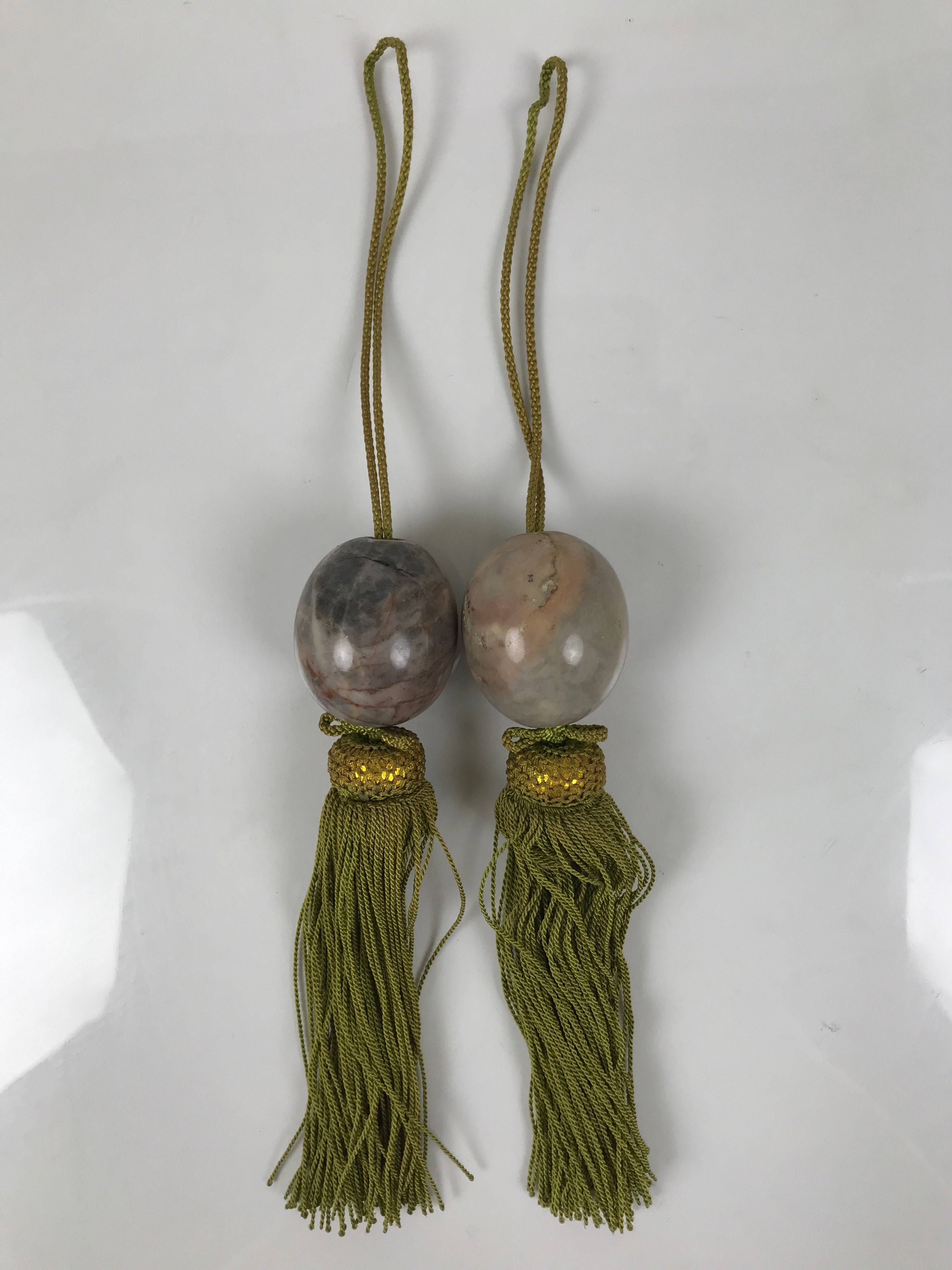 Japanese Moonstone Stone Hanging Scroll Weights Vtg Fuchin Kakejiku Tassel FC371
