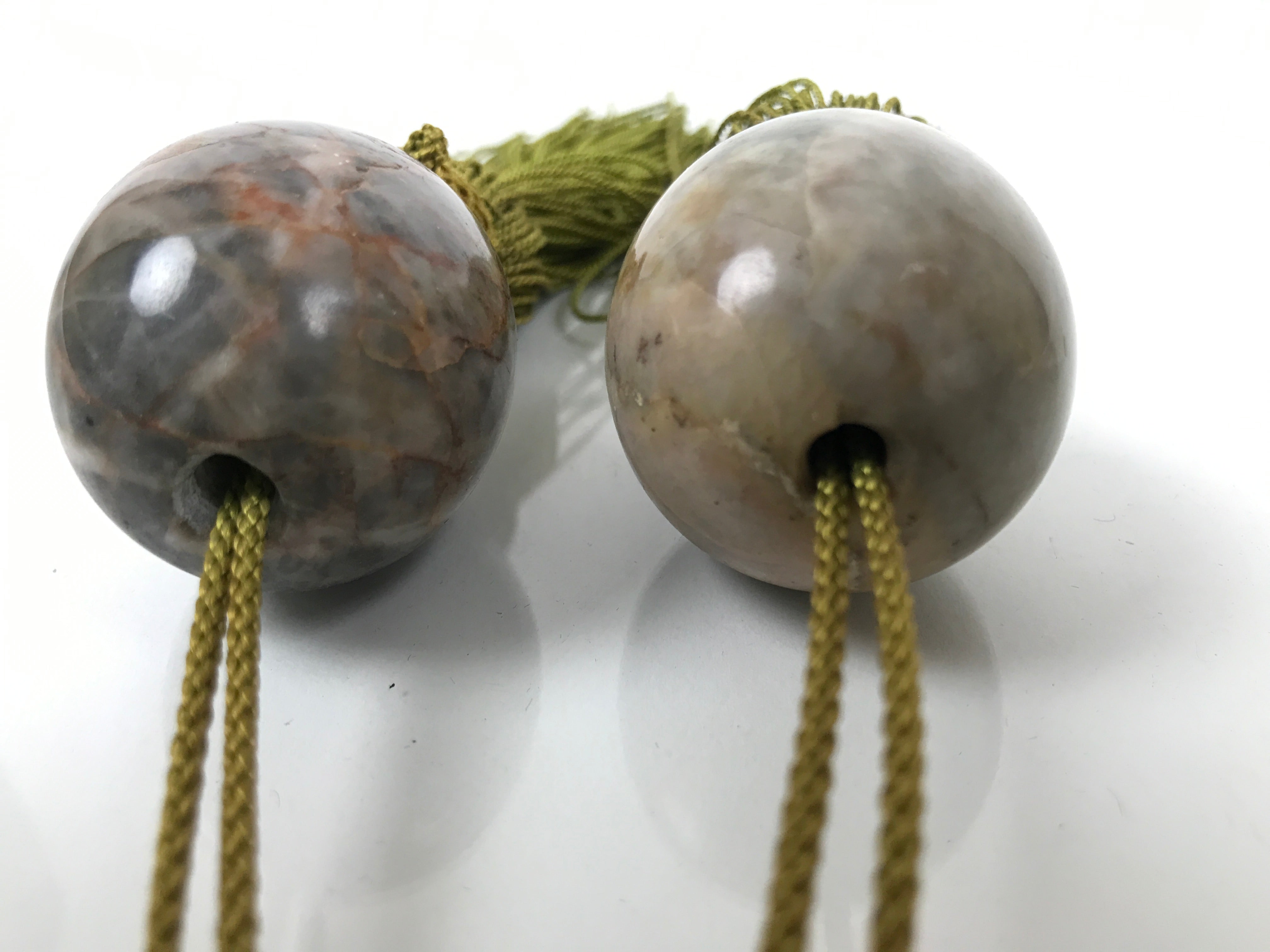 Japanese Moonstone Stone Hanging Scroll Weights Vtg Fuchin Kakejiku Tassel FC371