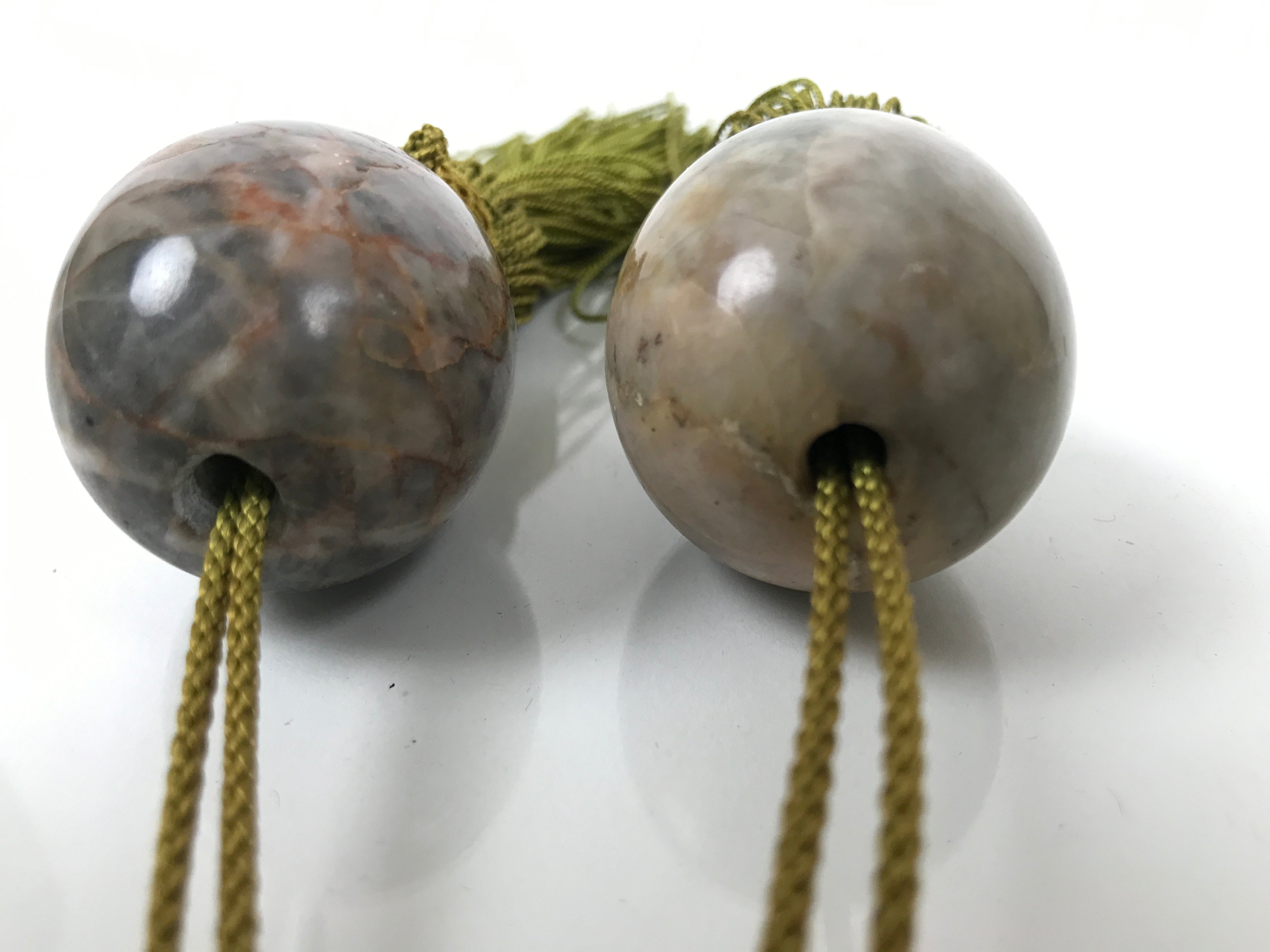 Japanese Moonstone Stone Hanging Scroll Weights Vtg Fuchin Kakejiku Tassel FC371