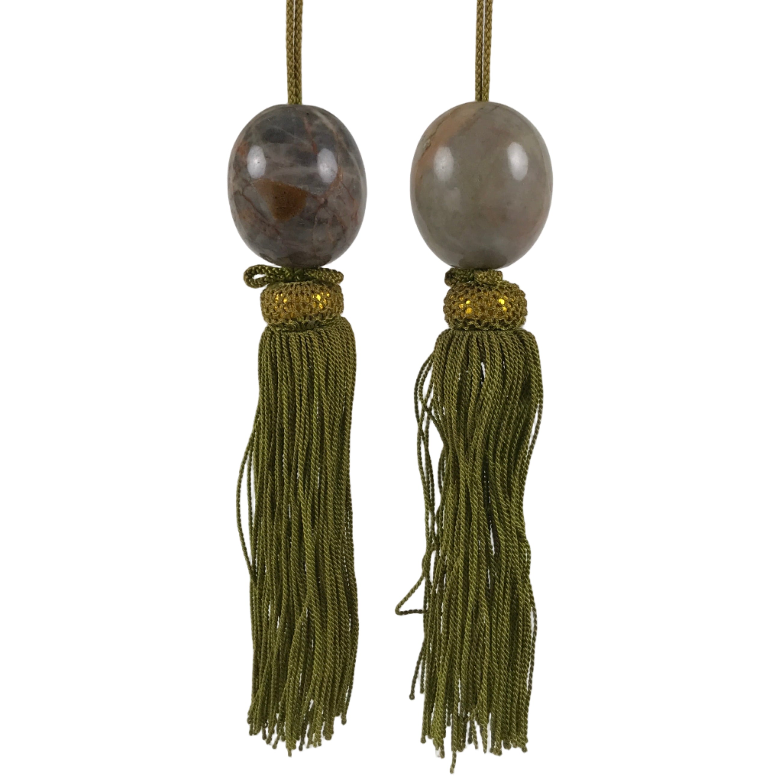 Japanese Moonstone Stone Hanging Scroll Weights Vtg Fuchin Kakejiku Tassel FC371