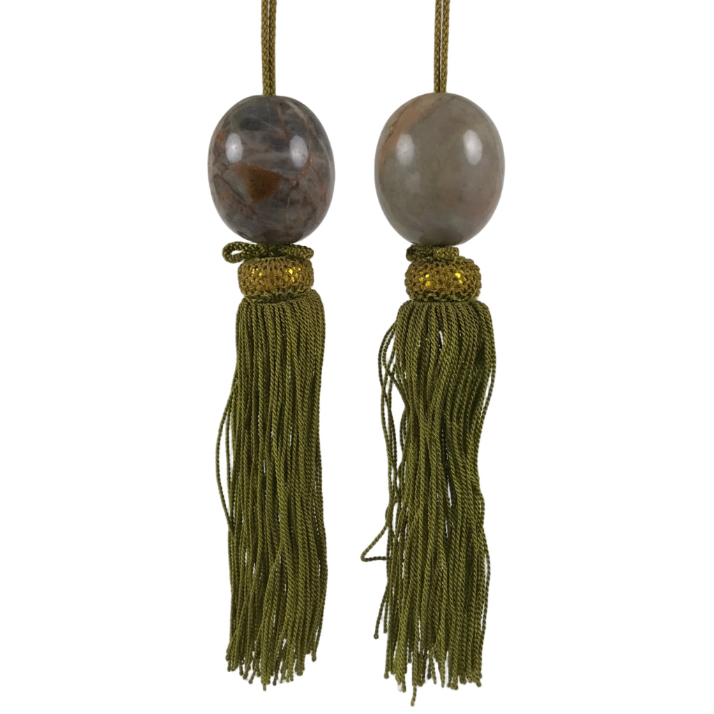 Japanese Moonstone Stone Hanging Scroll Weights Vtg Fuchin Kakejiku Tassel FC371