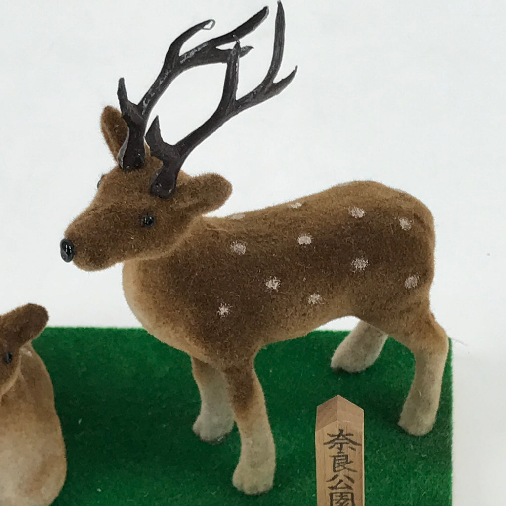 Japanese Nara Deer Park Souvenir Figurine Vtg Brown Green Wood Stand KF694