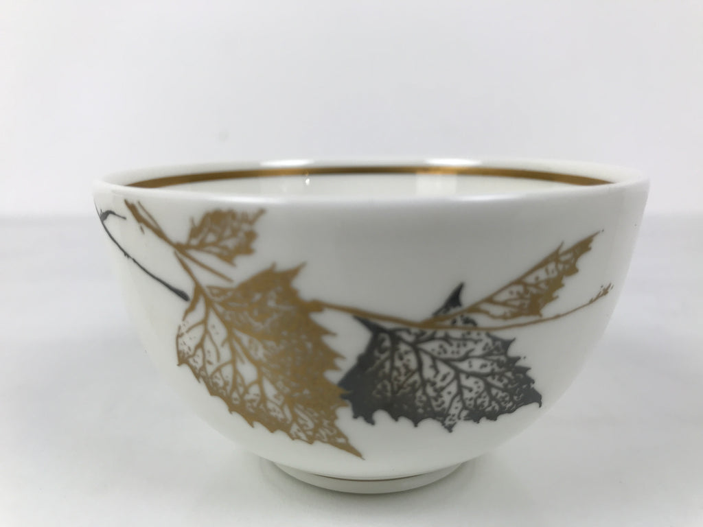 Japanese Narumi Porcelain Yunomi Teacup Pottery Vtg White Brown Gold Leaf TC614