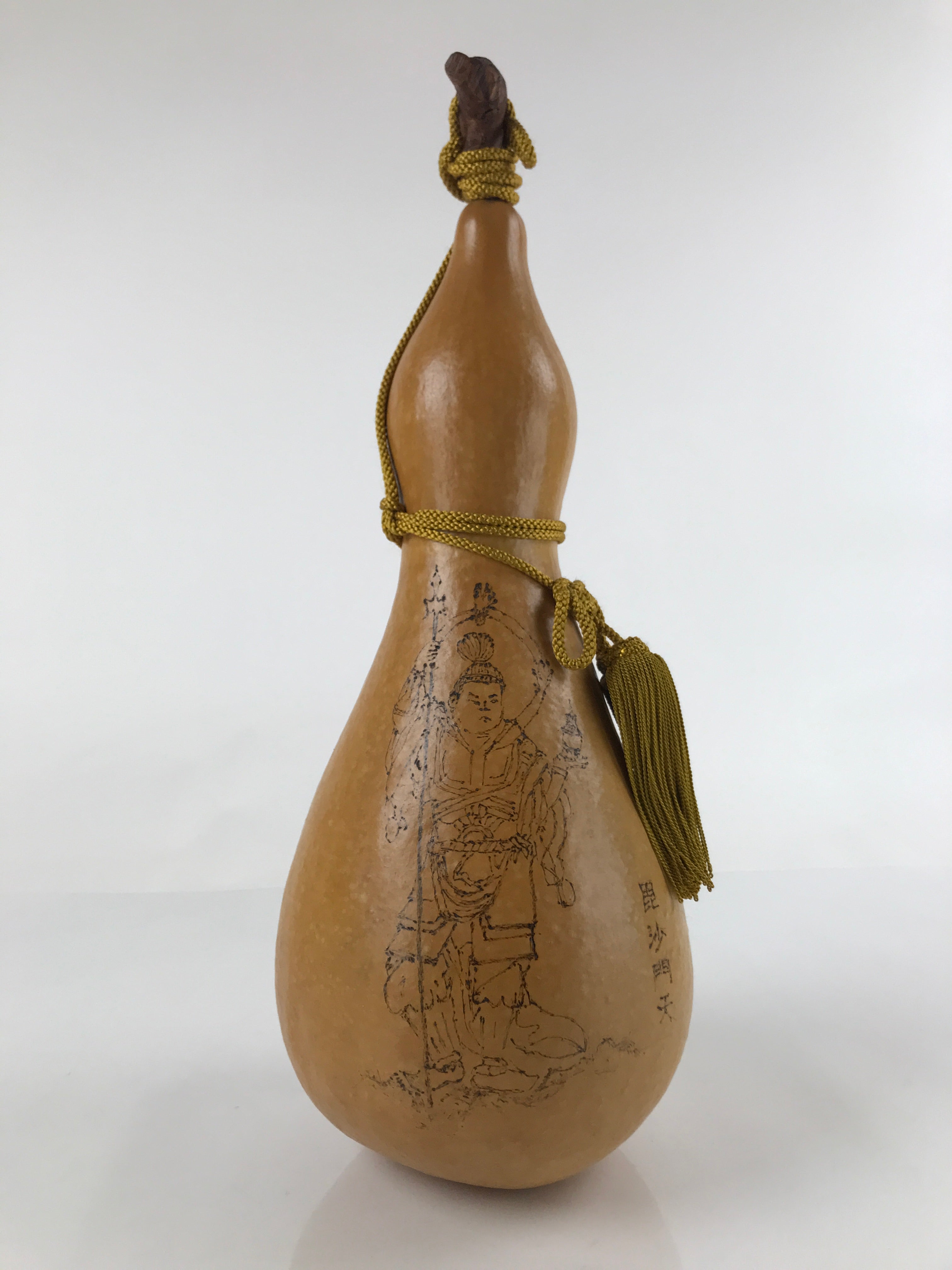 Japanese Natural Hyotan Gourd Vtg Sake Bottle Bishamonten Seven Lucky Gods G265