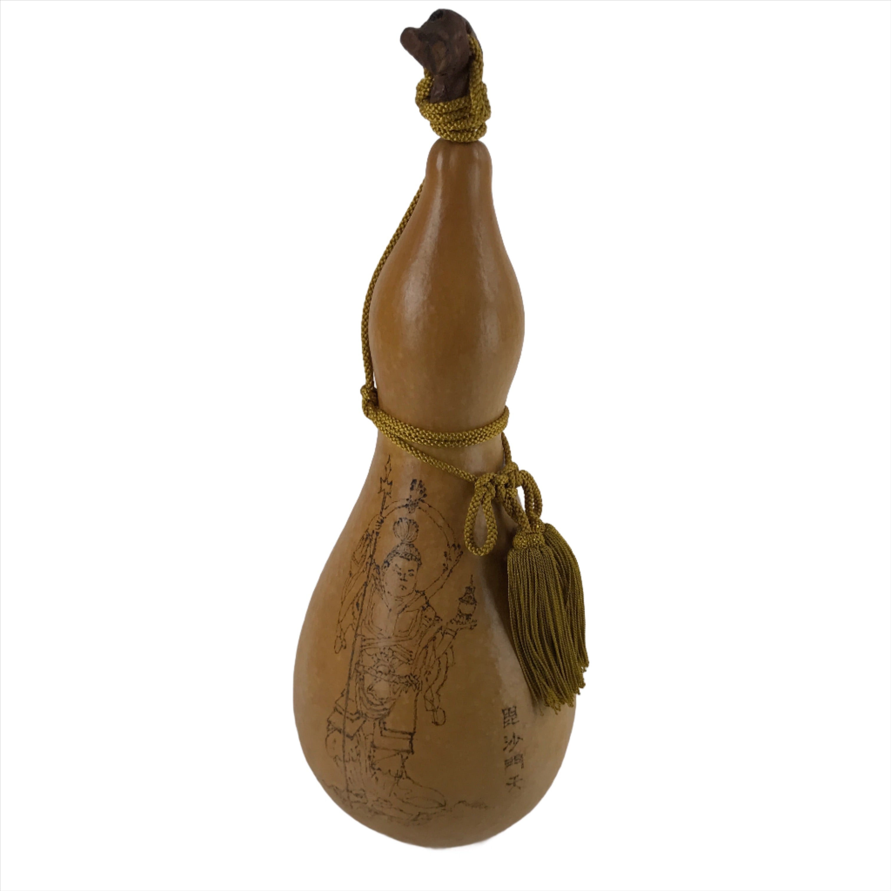Japanese Natural Hyotan Gourd Vtg Sake Bottle Bishamonten Seven Lucky Gods G265