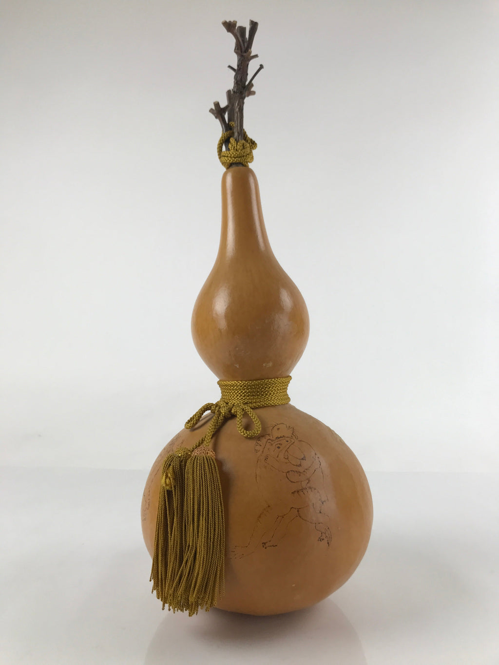 Japanese Natural Hyotan Gourd Vtg Sake Bottle Charm Frog Rabbit Lidded G261