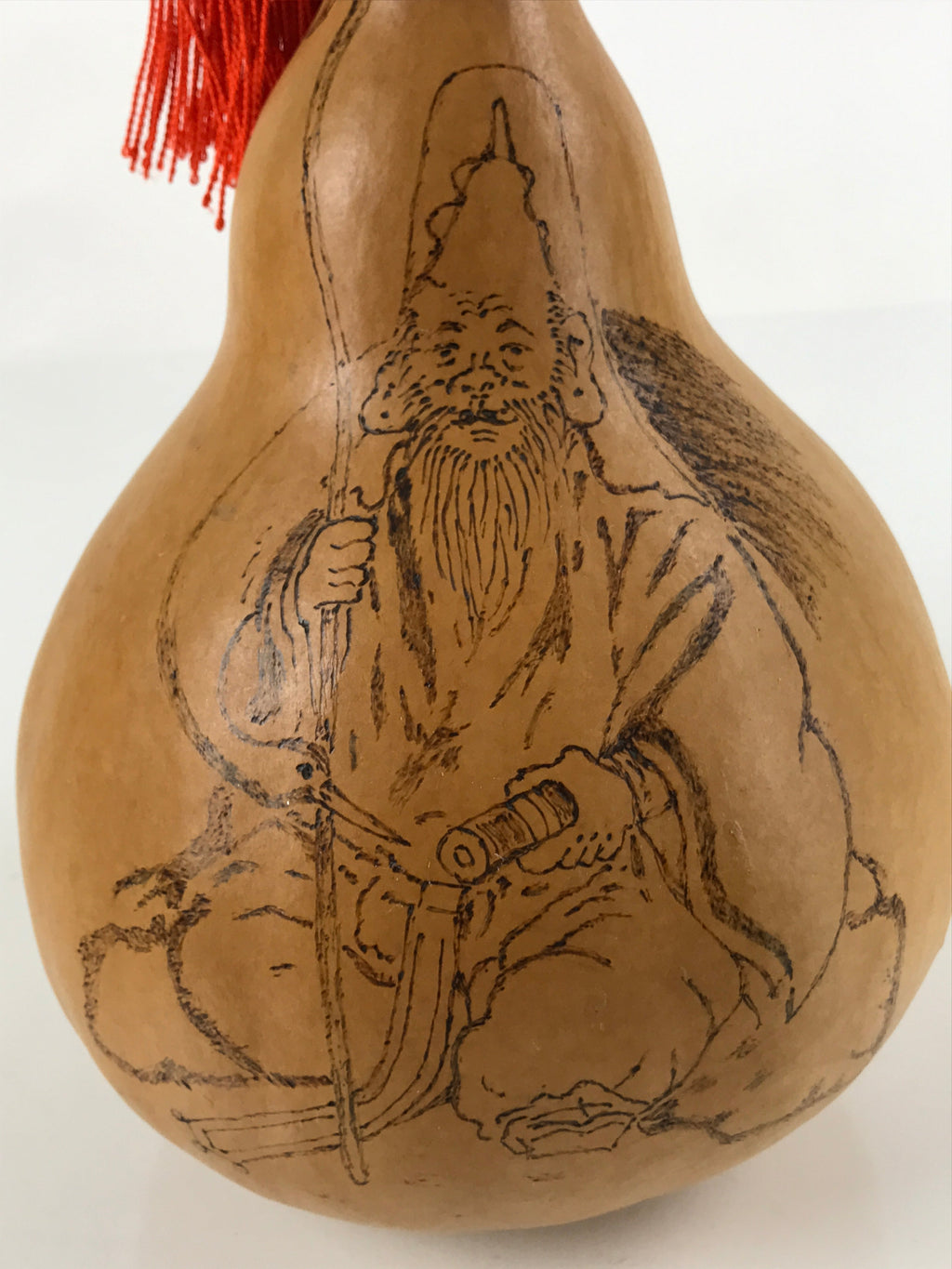 Japanese Natural Hyotan Gourd Vtg Sake Bottle Fukurokuju Seven Lucky Gods G263