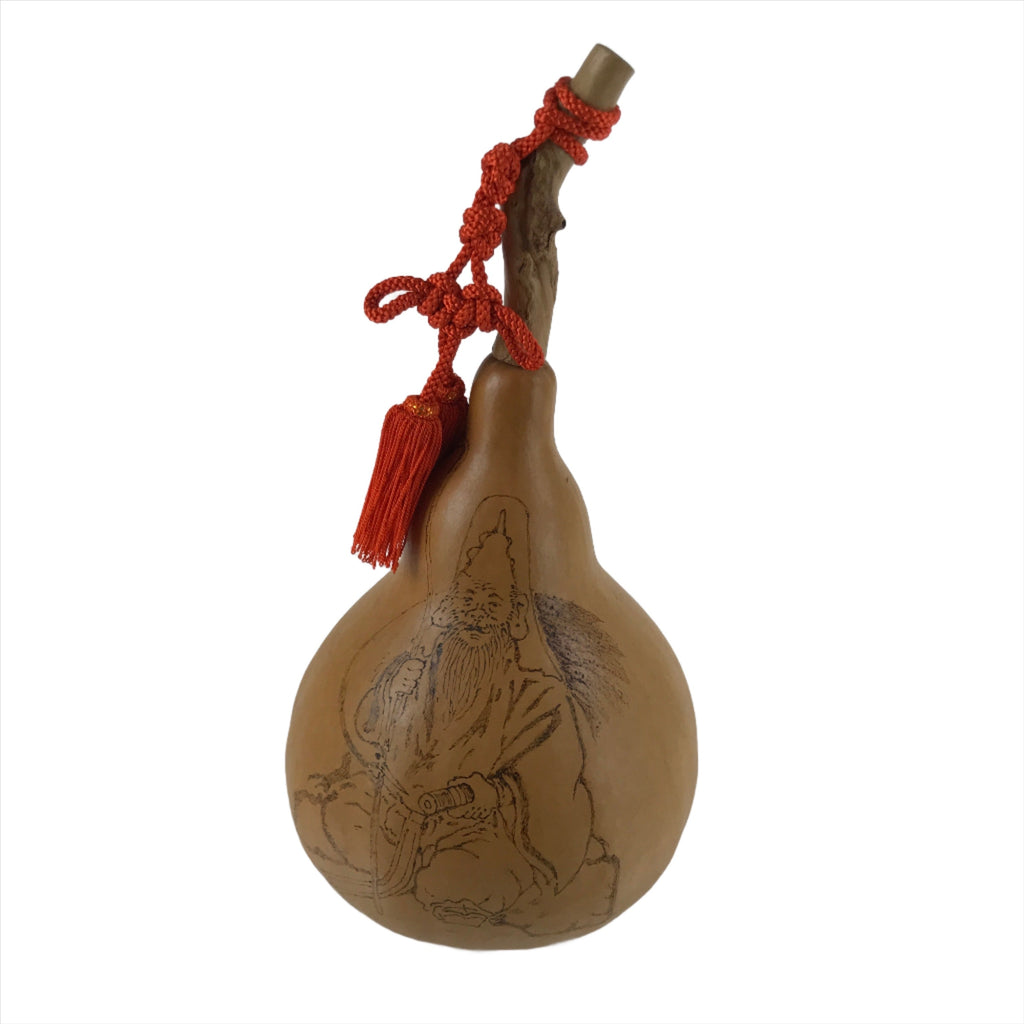Japanese Natural Hyotan Gourd Vtg Sake Bottle Fukurokuju Seven Lucky Gods G263