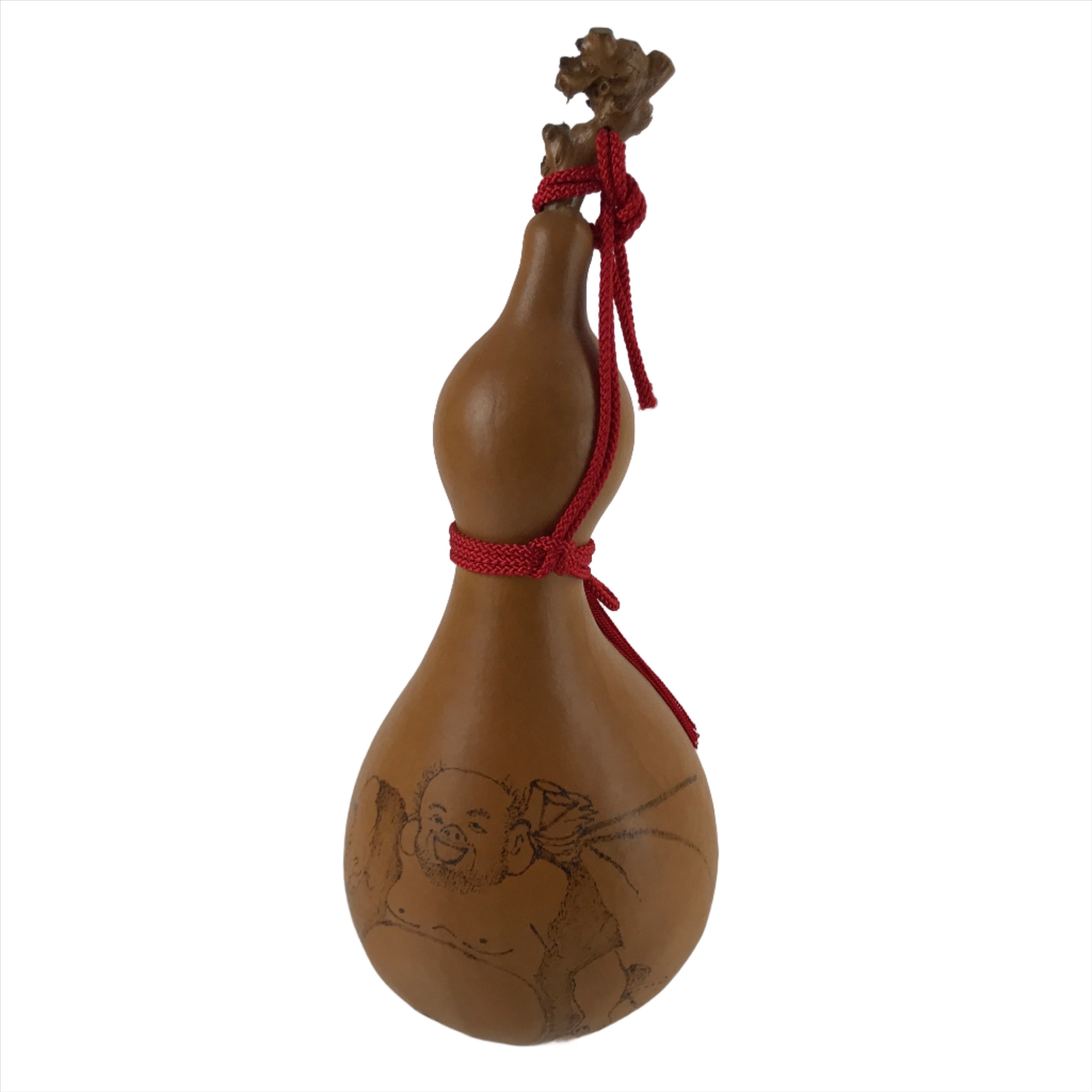 Japanese Natural Hyotan Gourd Vtg Sake Bottle Hotei Seven Lucky Gods Lidded G262