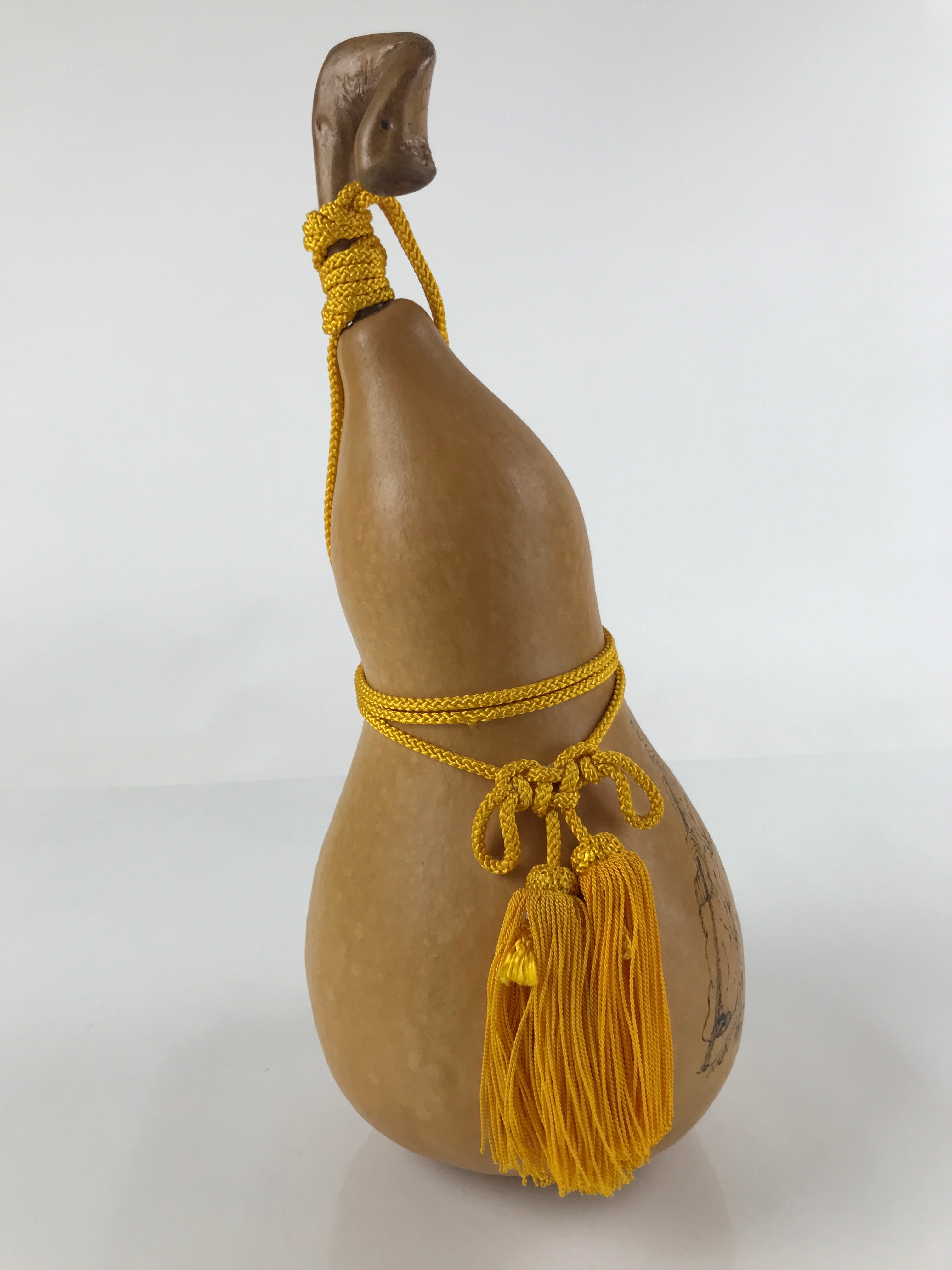 Japanese Natural Hyotan Gourd Vtg Sake Bottle Jurojin Seven Lucky Gods Lid G264