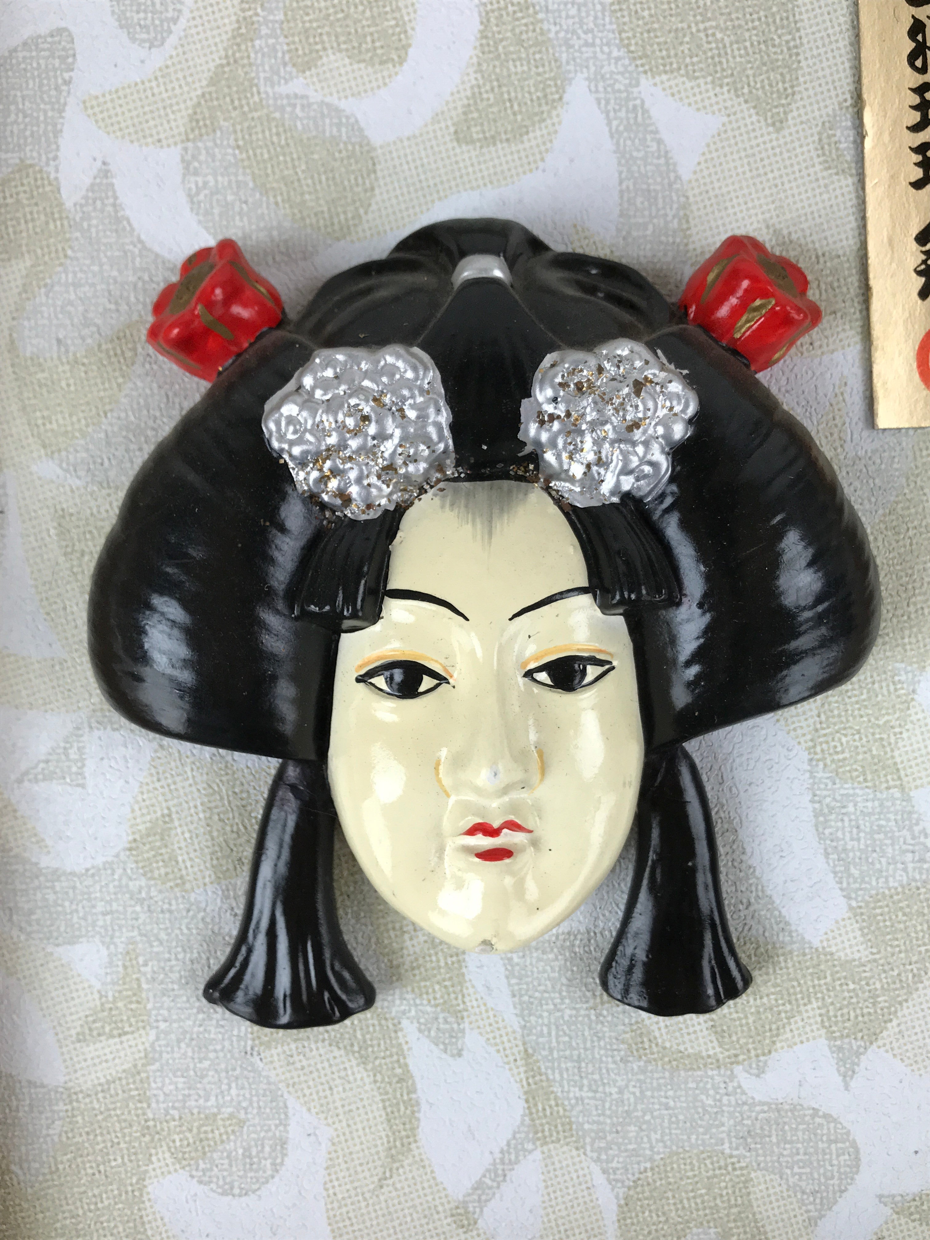Japanese Nihongami Woman Painted Clay Face Framed Vtg Awaji Joruri Ningyo FL270