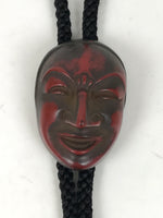 Japanese Noh Mask Western Bolo Tie Vtg Netsuke Slide Metal Tips Red Black JK886