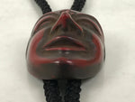 Japanese Noh Mask Western Bolo Tie Vtg Netsuke Slide Metal Tips Red Black JK886