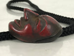 Japanese Noh Mask Western Bolo Tie Vtg Netsuke Slide Metal Tips Red Black JK886