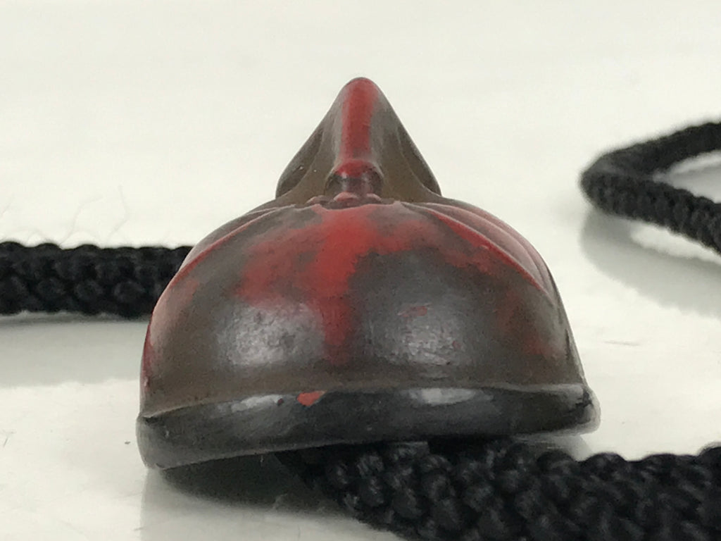 Japanese Noh Mask Western Bolo Tie Vtg Netsuke Slide Metal Tips Red Black JK886