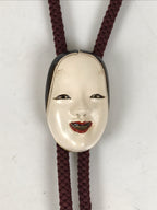 Japanese Noh Mask Western Bolo Tie Vtg Netsuke Slide Metal Tips Red Black JK887
