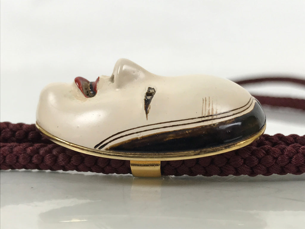 Japanese Noh Mask Western Bolo Tie Vtg Netsuke Slide Metal Tips Red Black JK887