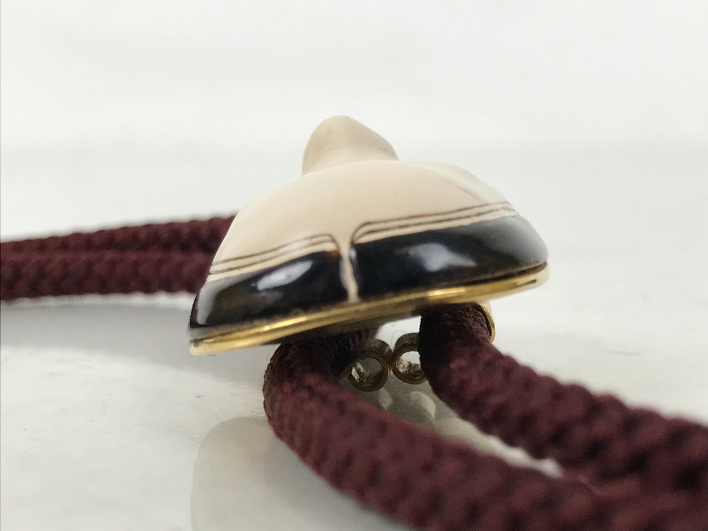 Japanese Noh Mask Western Bolo Tie Vtg Netsuke Slide Metal Tips Red Black JK887
