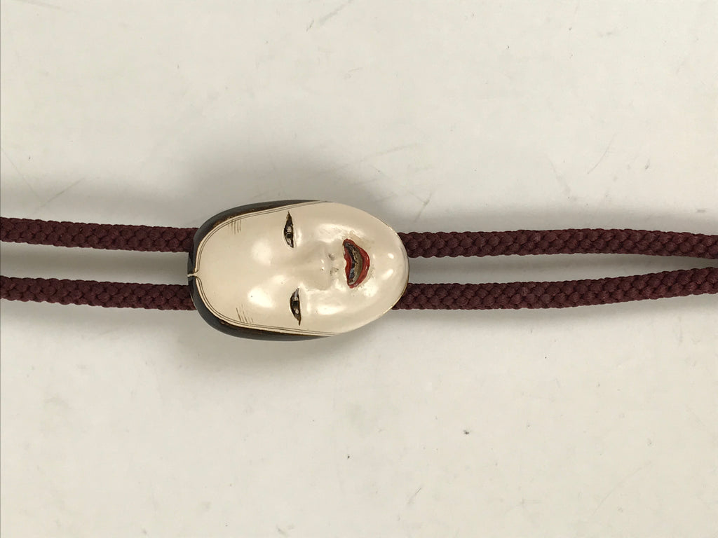Japanese Noh Mask Western Bolo Tie Vtg Netsuke Slide Metal Tips Red Black JK887