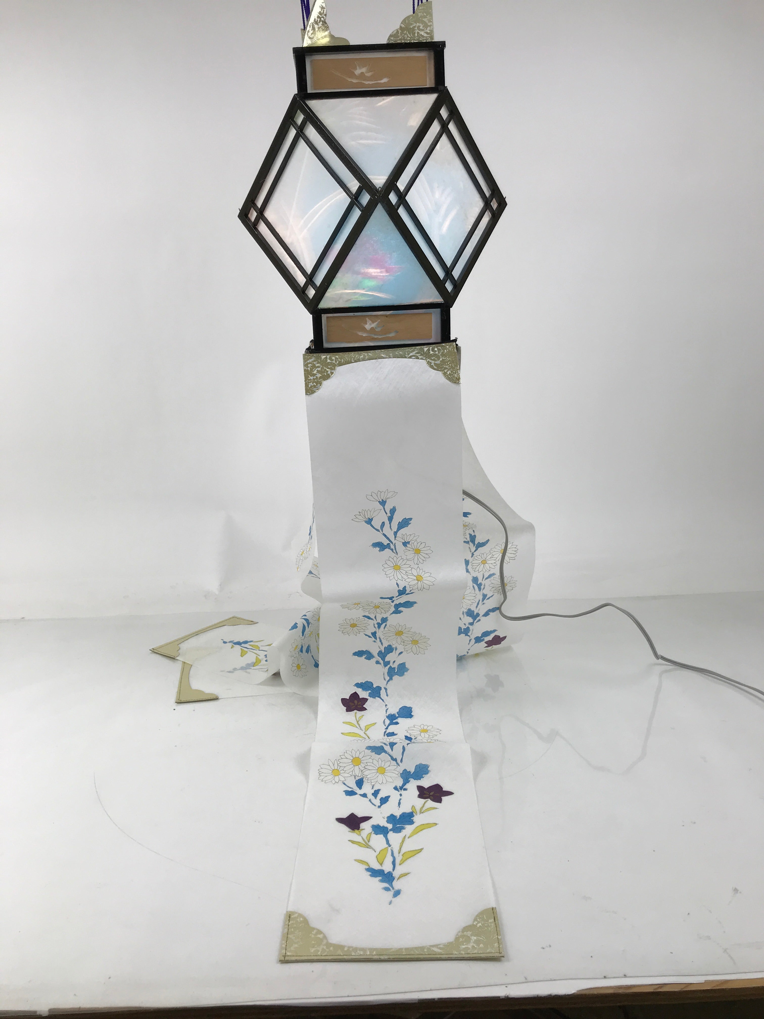 Japanese Obon Paper Chochin Electric Lantern Vtg Flower Chrysanthemum Kikyo LT91