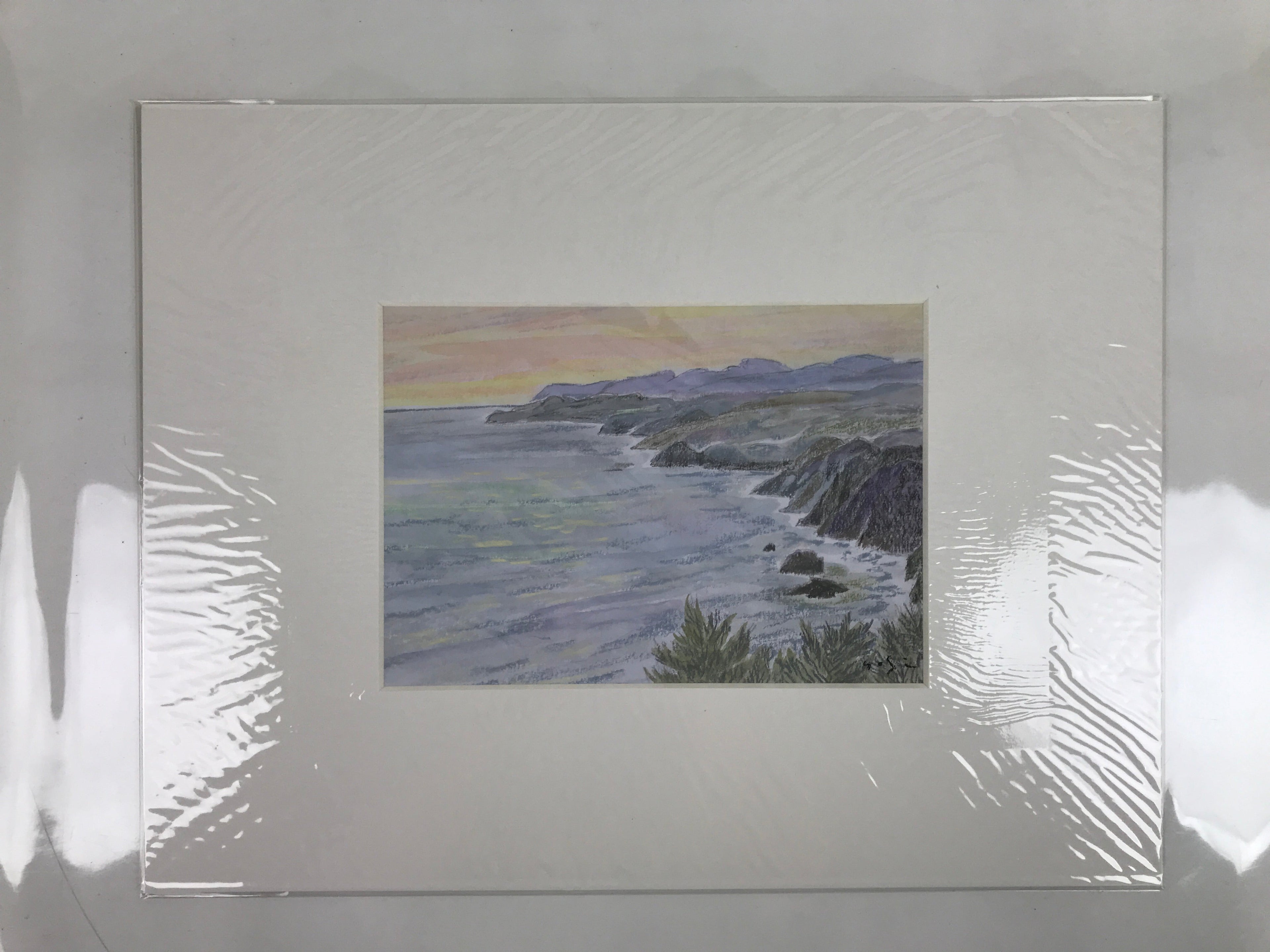Japanese Ocean Coastline Sunset Pastel Drawing Art Signed Yoshihiro Hagino FL335