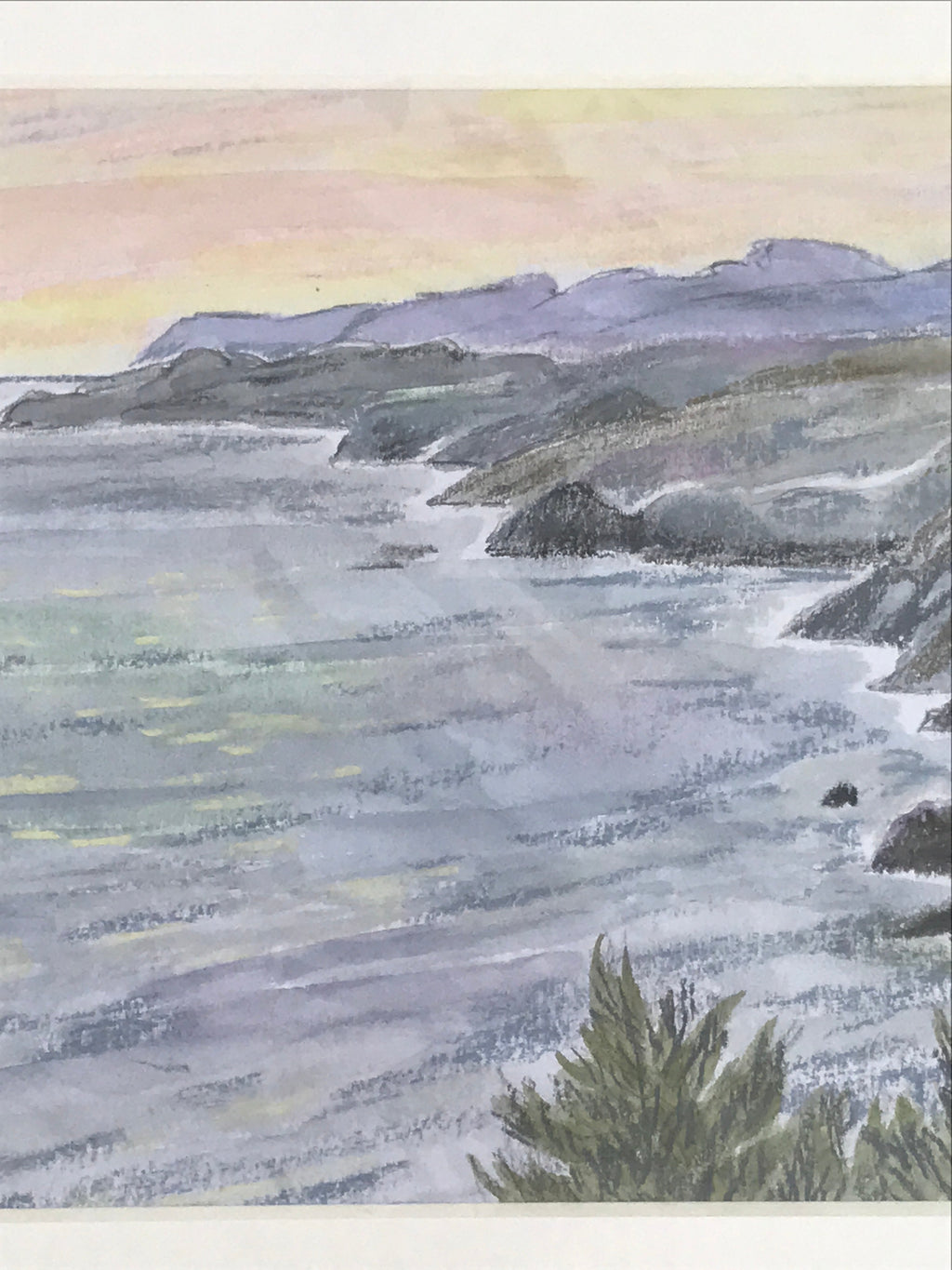Japanese Ocean Coastline Sunset Pastel Drawing Art Signed Yoshihiro Hagino FL335