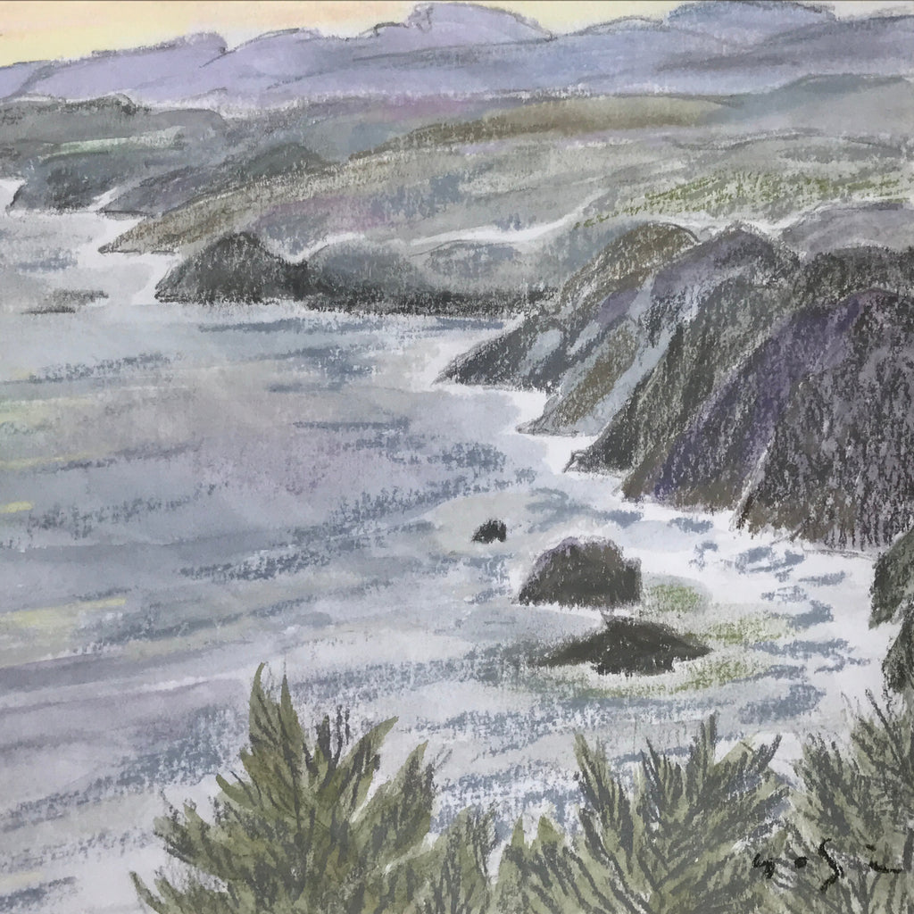 Japanese Ocean Coastline Sunset Pastel Drawing Art Signed Yoshihiro Hagino FL335