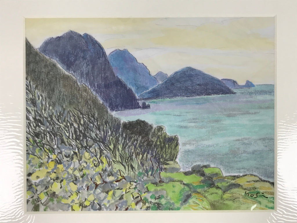 Japanese Ocean Coastline Sunset Pastel Drawing Art Signed Yoshihiro Hagino FL336