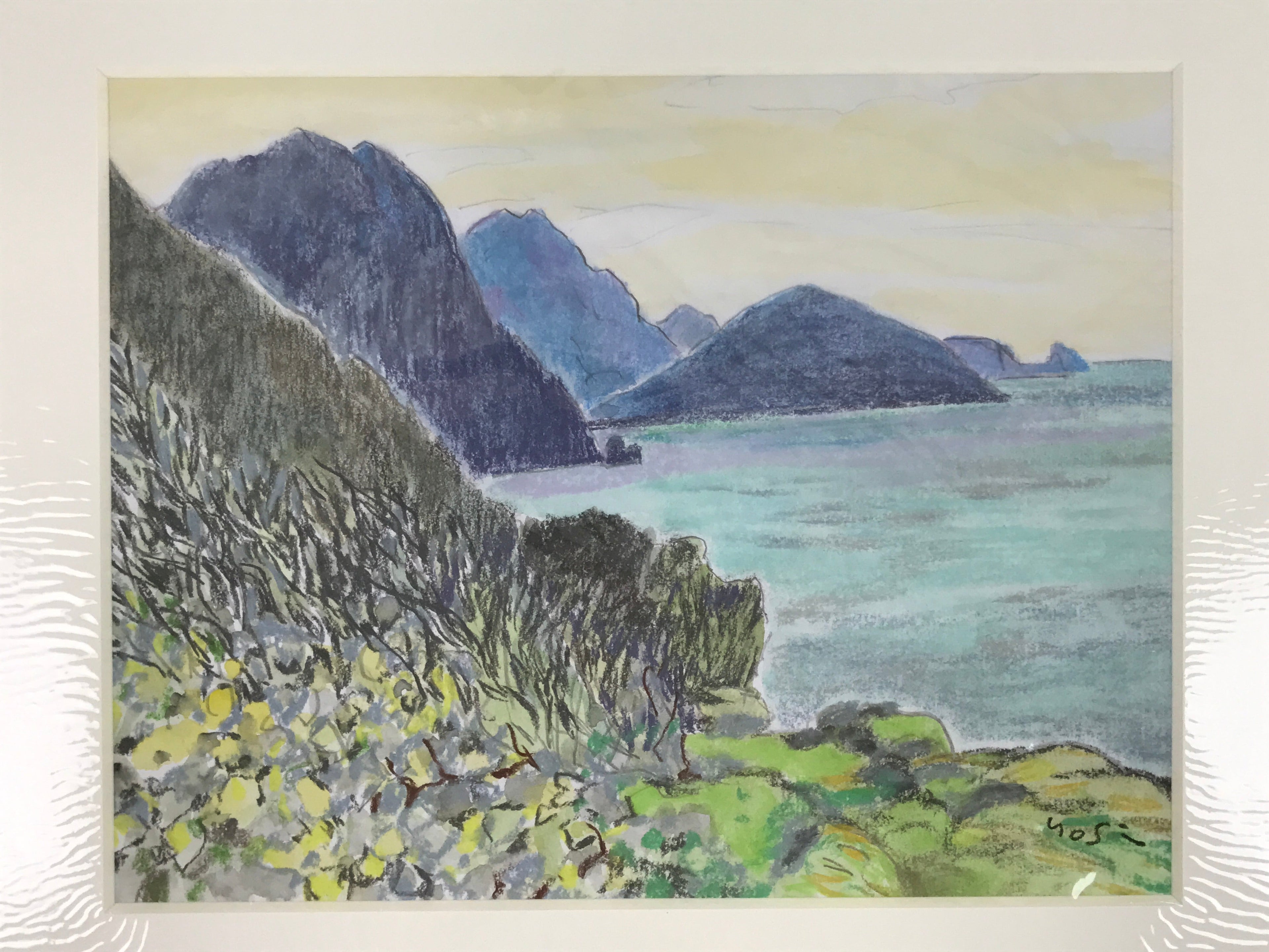 Japanese Ocean Coastline Sunset Pastel Drawing Art Signed Yoshihiro Hagino FL336