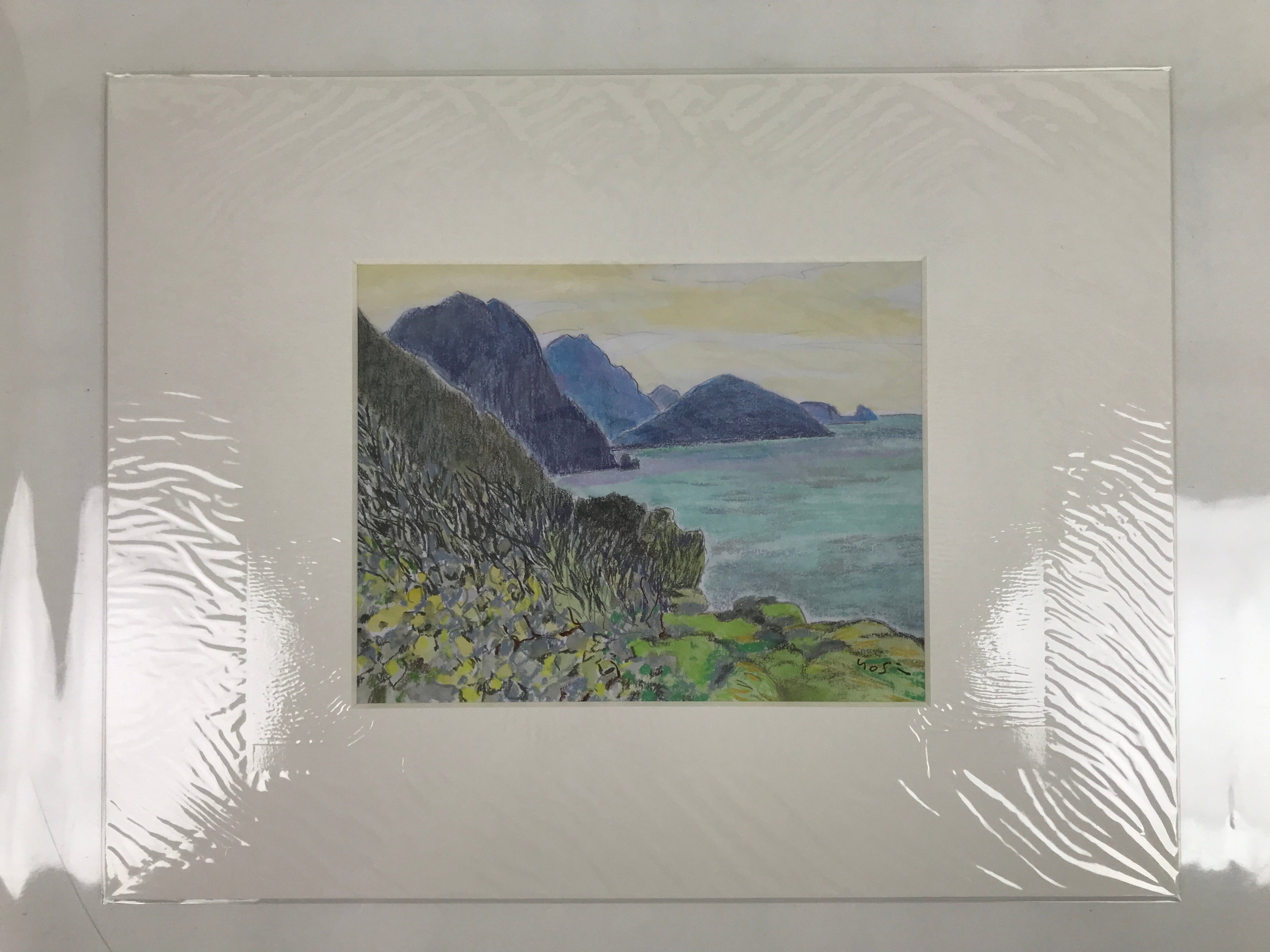 Japanese Ocean Coastline Sunset Pastel Drawing Art Signed Yoshihiro Hagino FL336