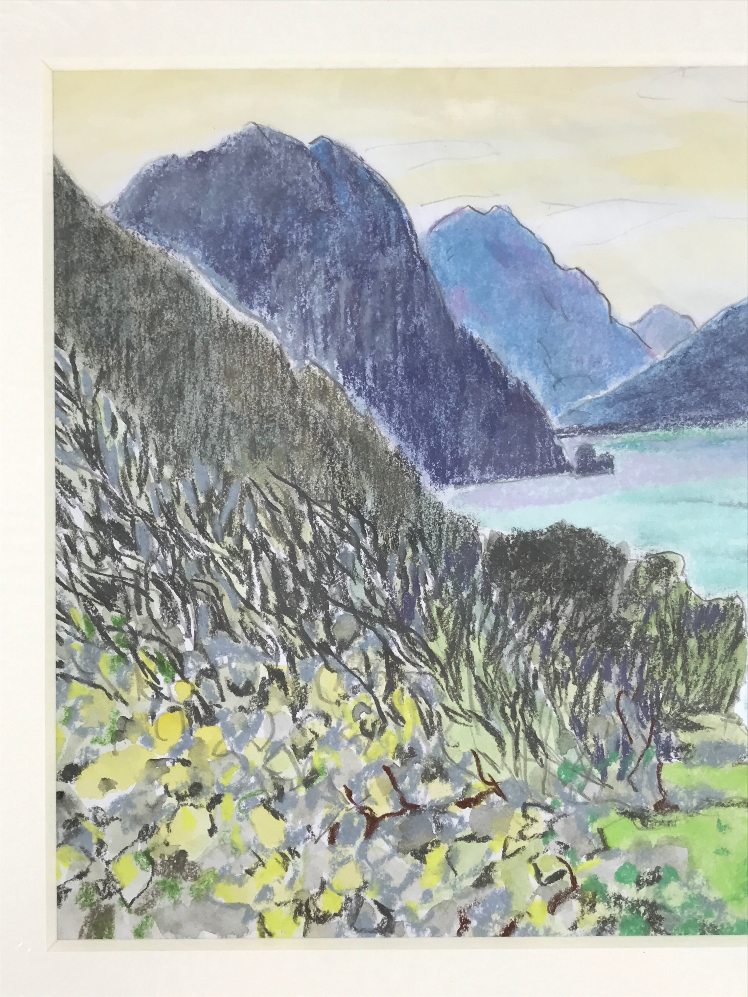 Japanese Ocean Coastline Sunset Pastel Drawing Art Signed Yoshihiro Hagino FL336