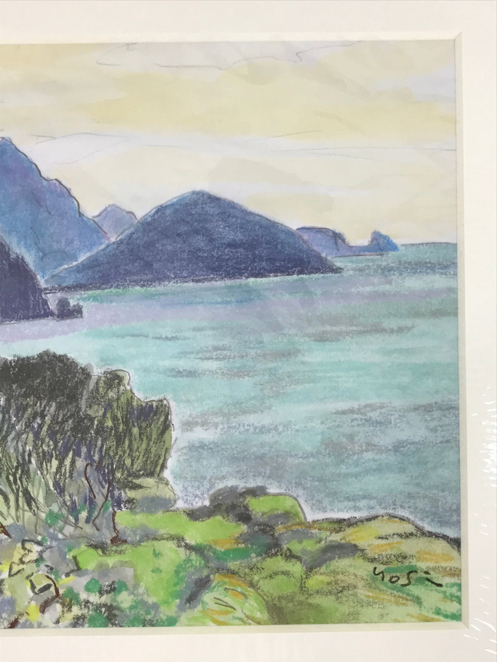 Japanese Ocean Coastline Sunset Pastel Drawing Art Signed Yoshihiro Hagino FL336
