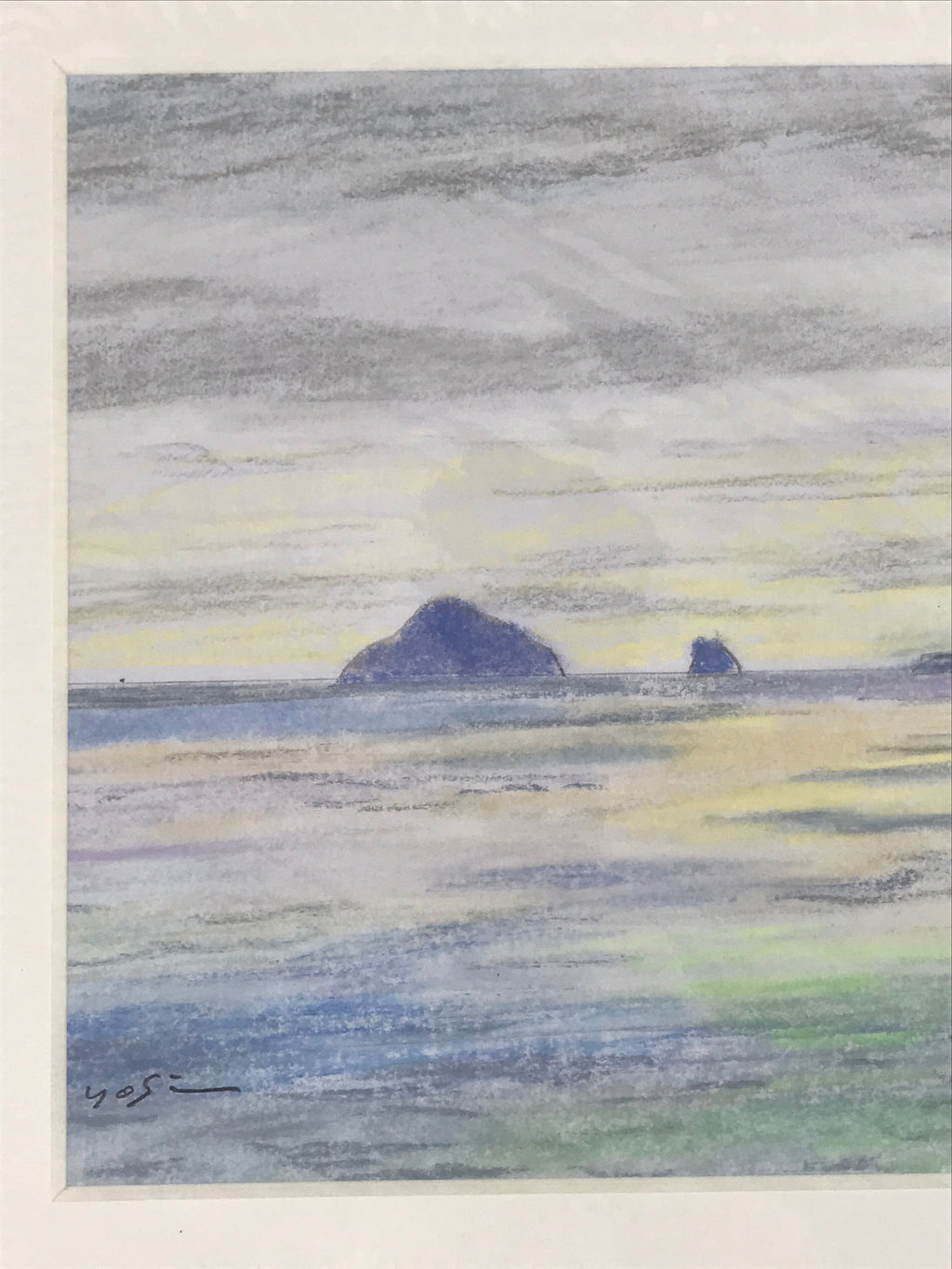 Japanese Ocean Island At Sunset Pastel Drawing Art Signed Yoshihiro Hagino FL310