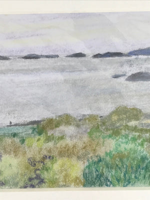 Japanese Ocean Overlook Landscape Pastel Drawing Original Art Unsigned FL303