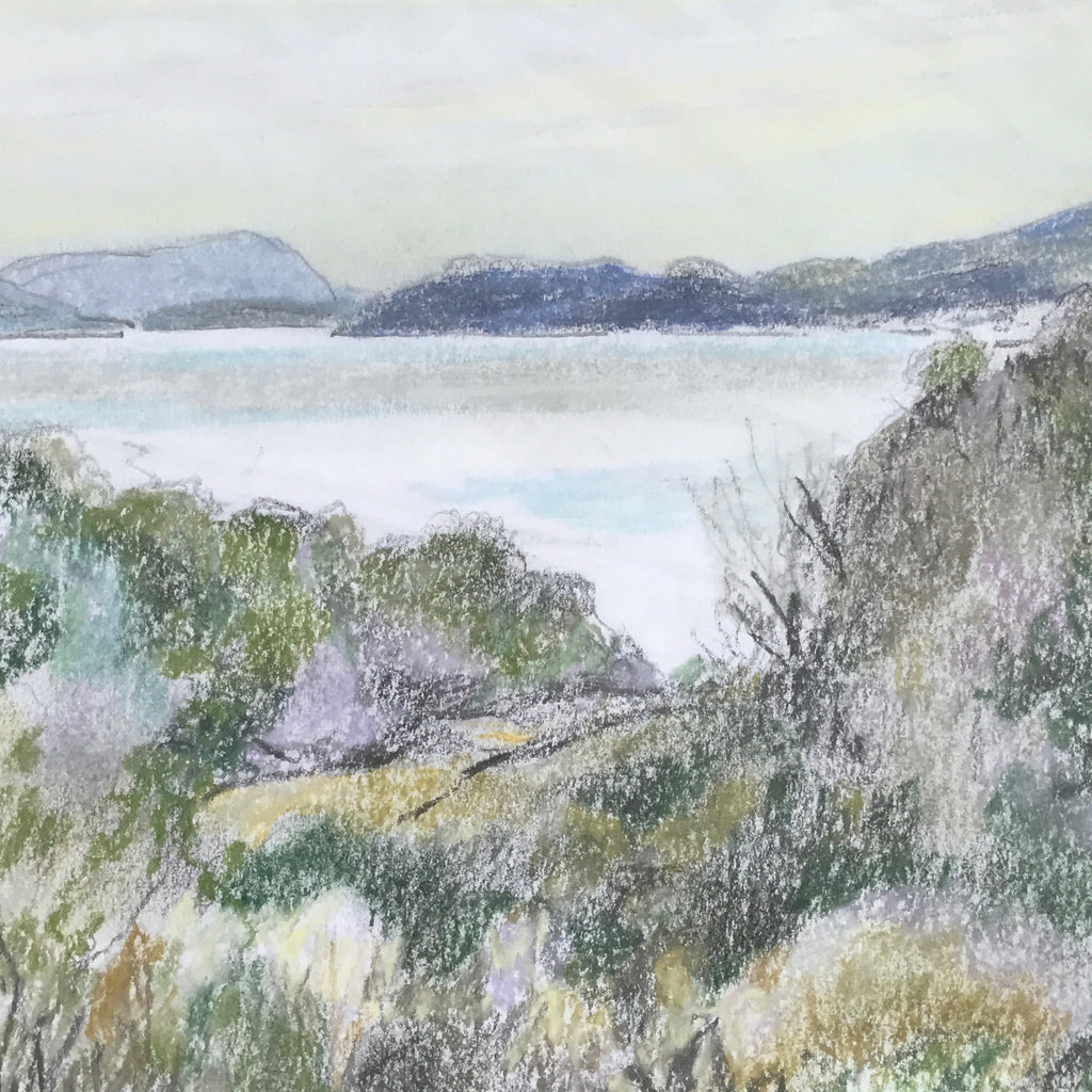 Japanese Ocean View Landscape Pastel Drawing Original Art Unsigned FL309