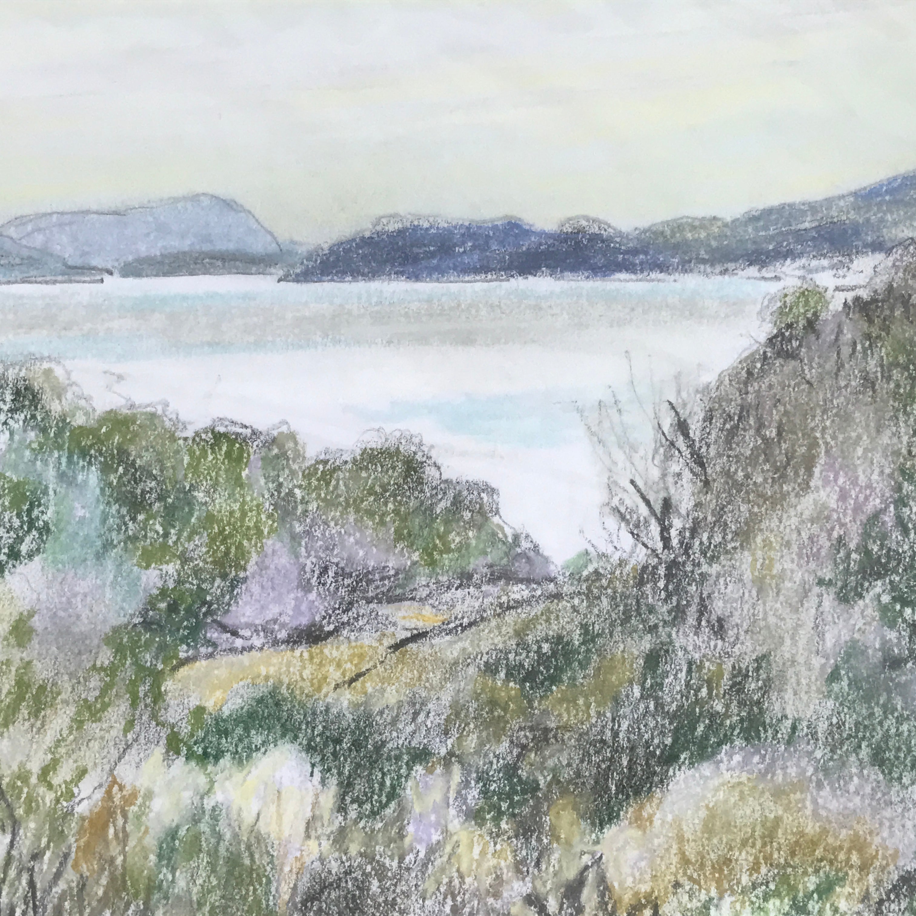 Japanese Ocean View Landscape Pastel Drawing Original Art Unsigned FL309