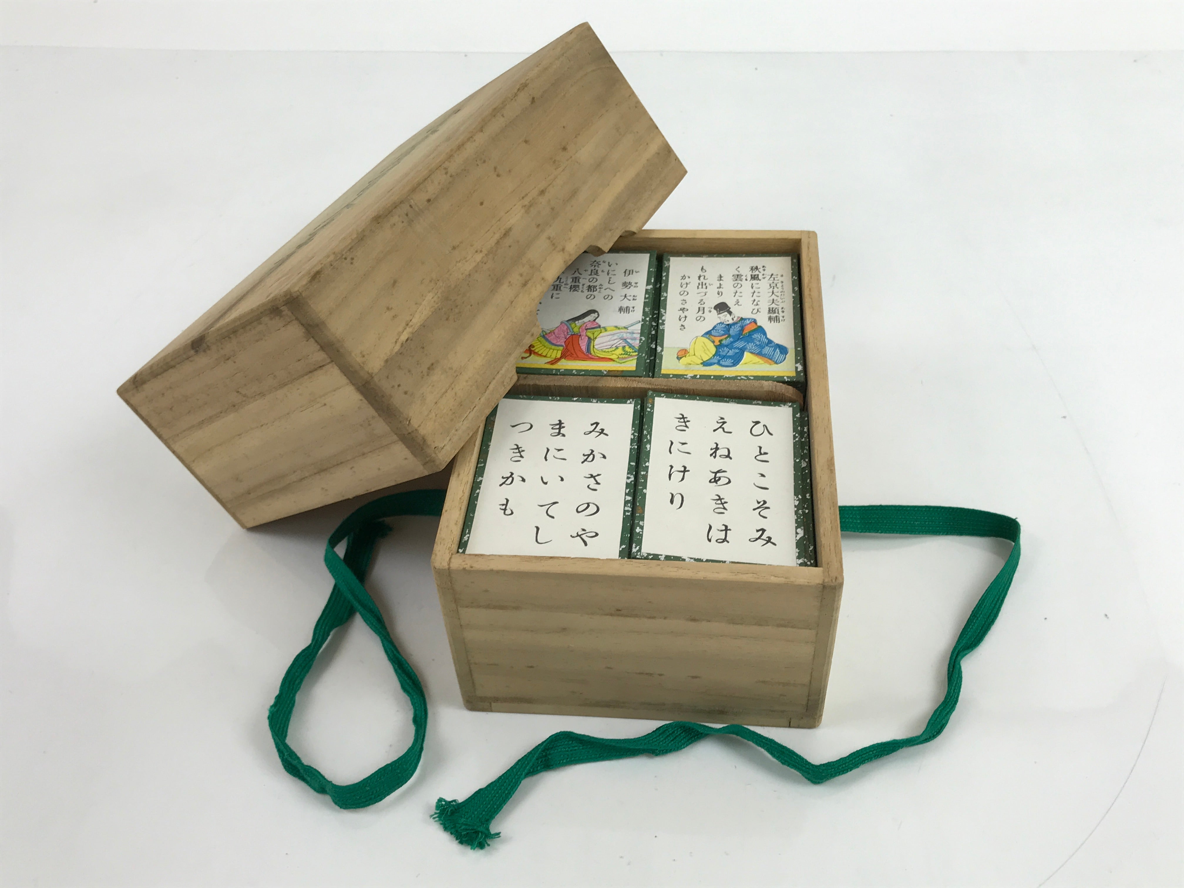 Japanese Ogura Hyakunin Isshu Card Game Vtg Paper Green W/ Wood Box PX742