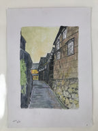 Japanese Old Town Road Watercolor Painting Original Art Cardstock Unsigned FL292