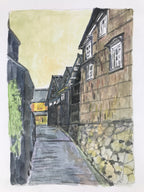 Japanese Old Town Road Watercolor Painting Original Art Cardstock Unsigned FL292