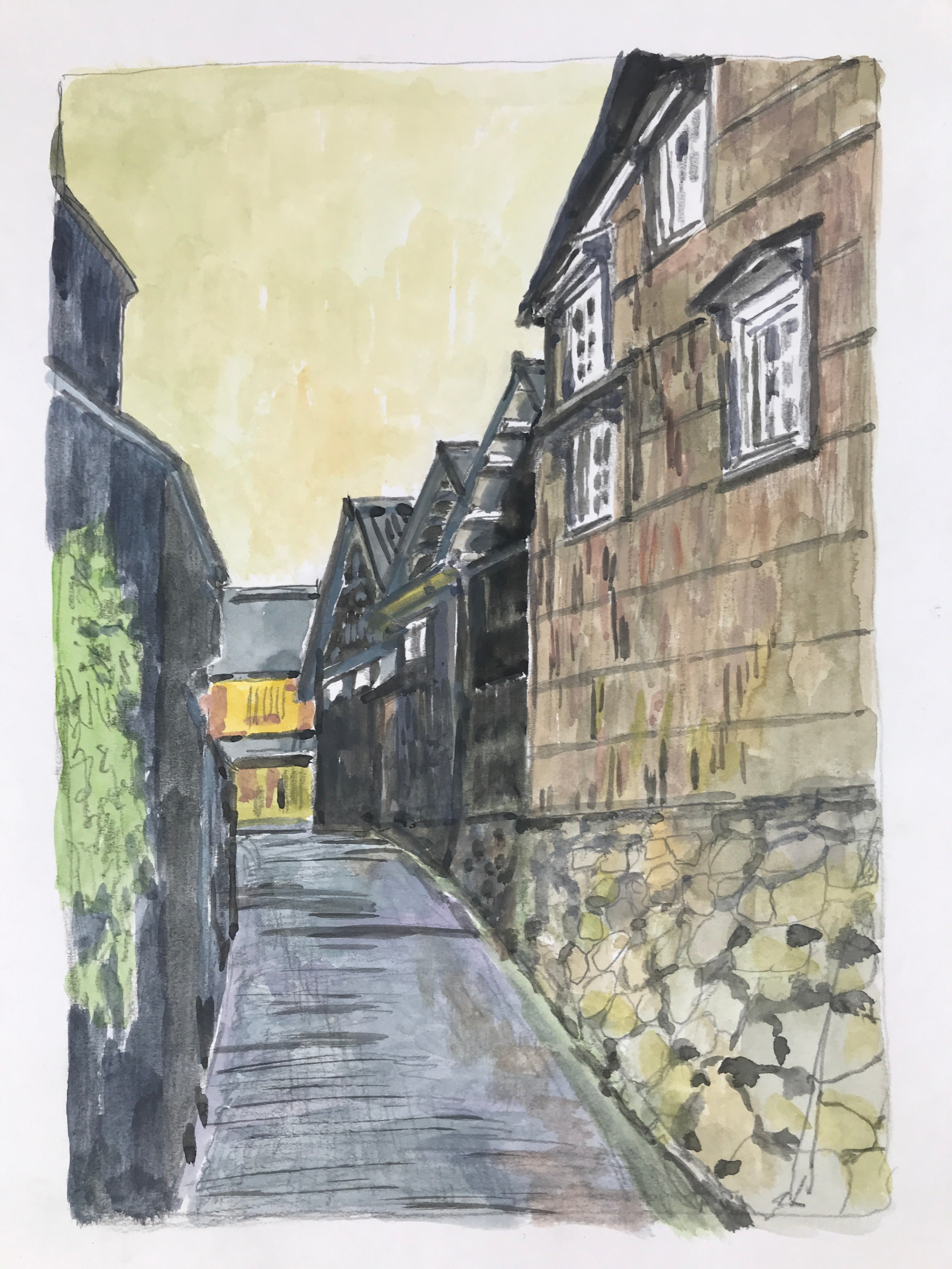 Japanese Old Town Road Watercolor Painting Original Art Cardstock Unsigned FL292