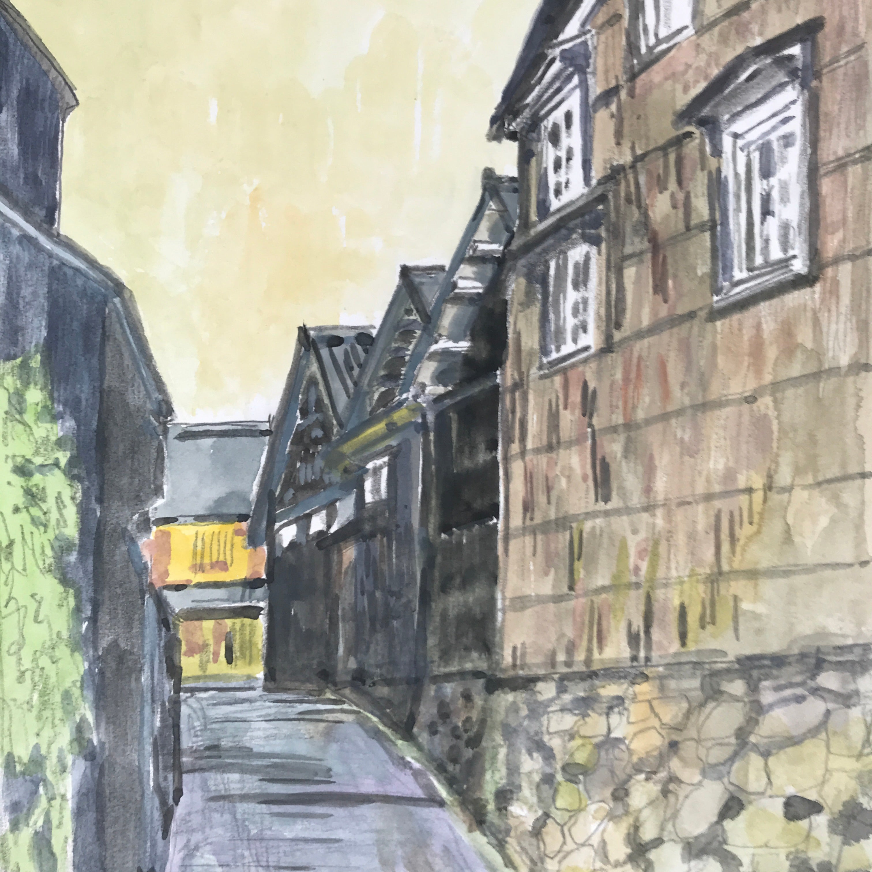 Japanese Old Town Road Watercolor Painting Original Art Cardstock Unsigned FL292