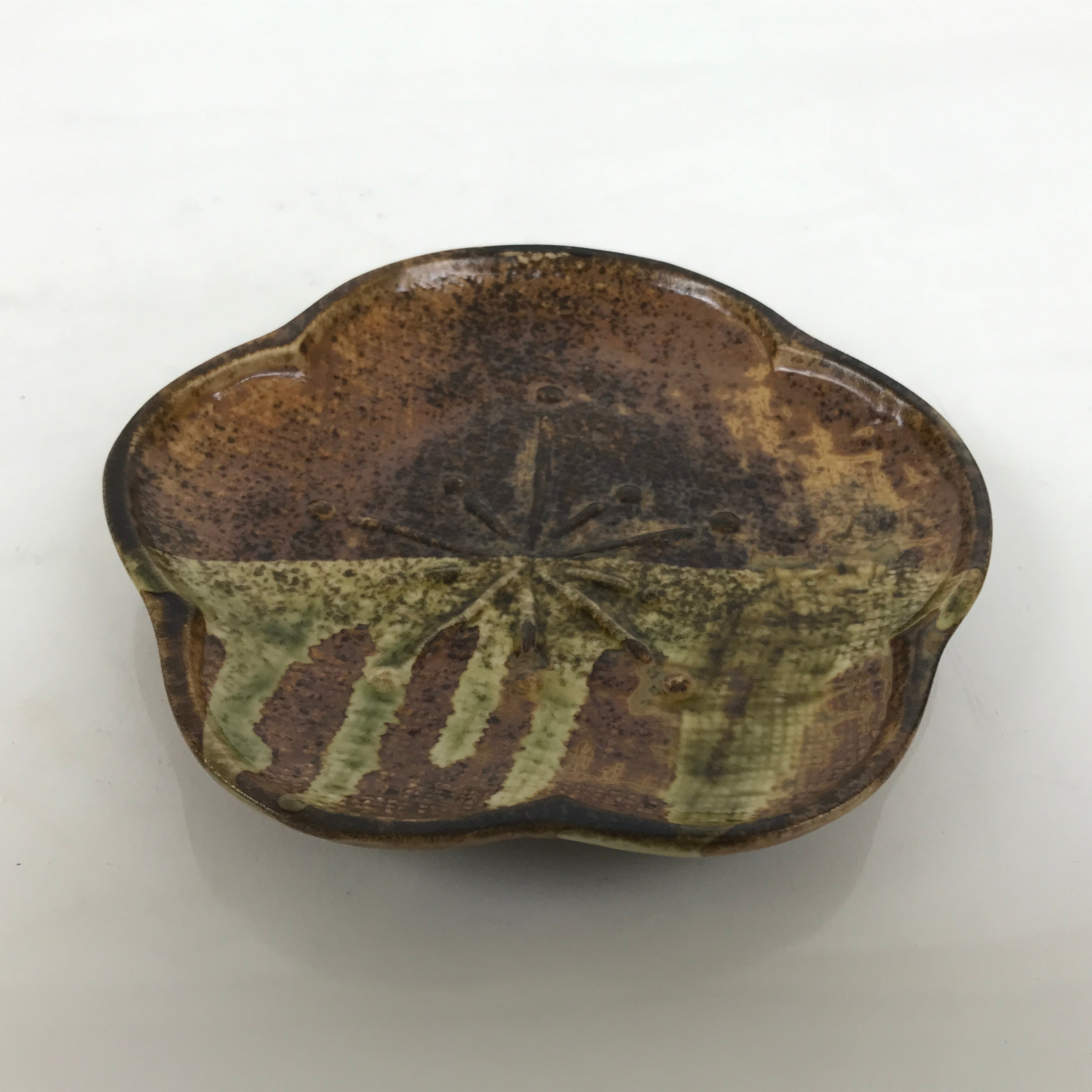 Japanese Oribe Ceramic Small Plate Kozara Pottery Green Brown Plum Blossom Y568