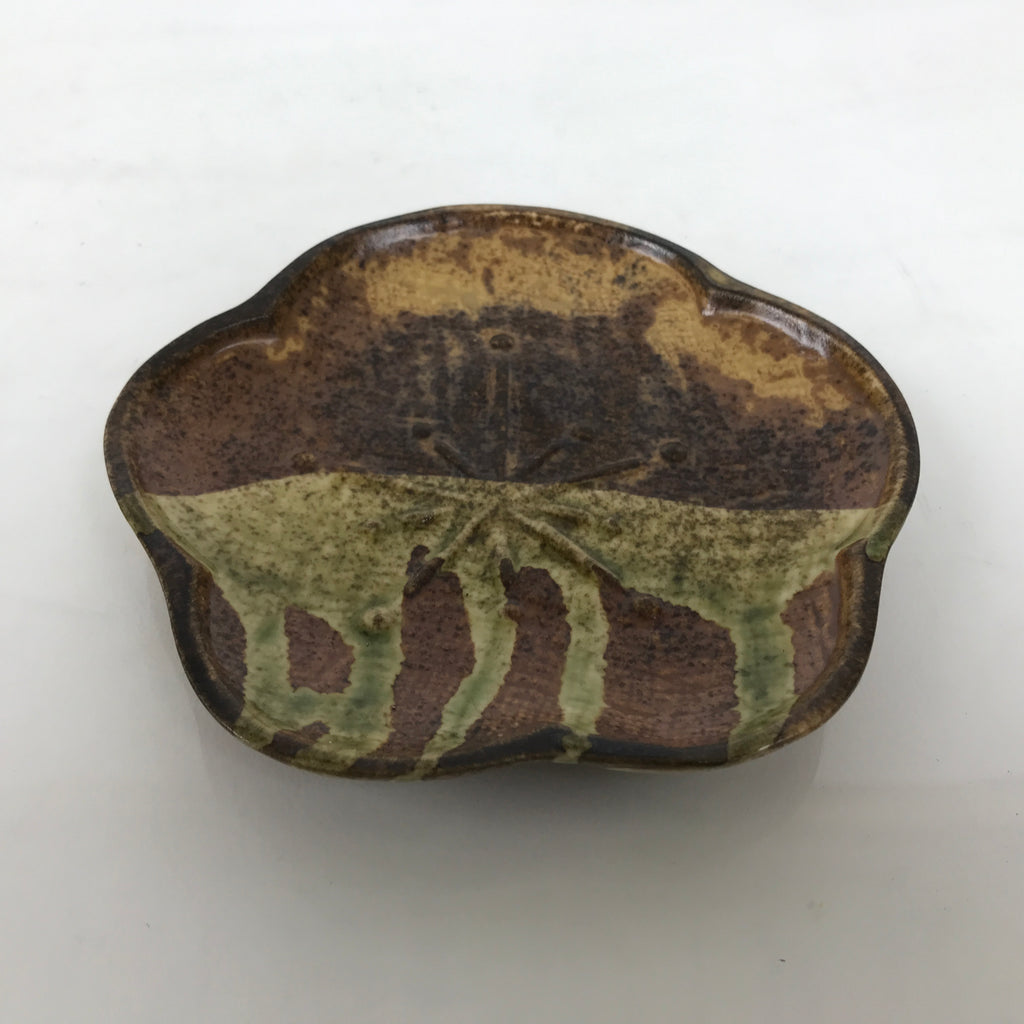 Japanese Oribe Ceramic Small Plate Kozara Pottery Green Brown Plum Blossom Y570
