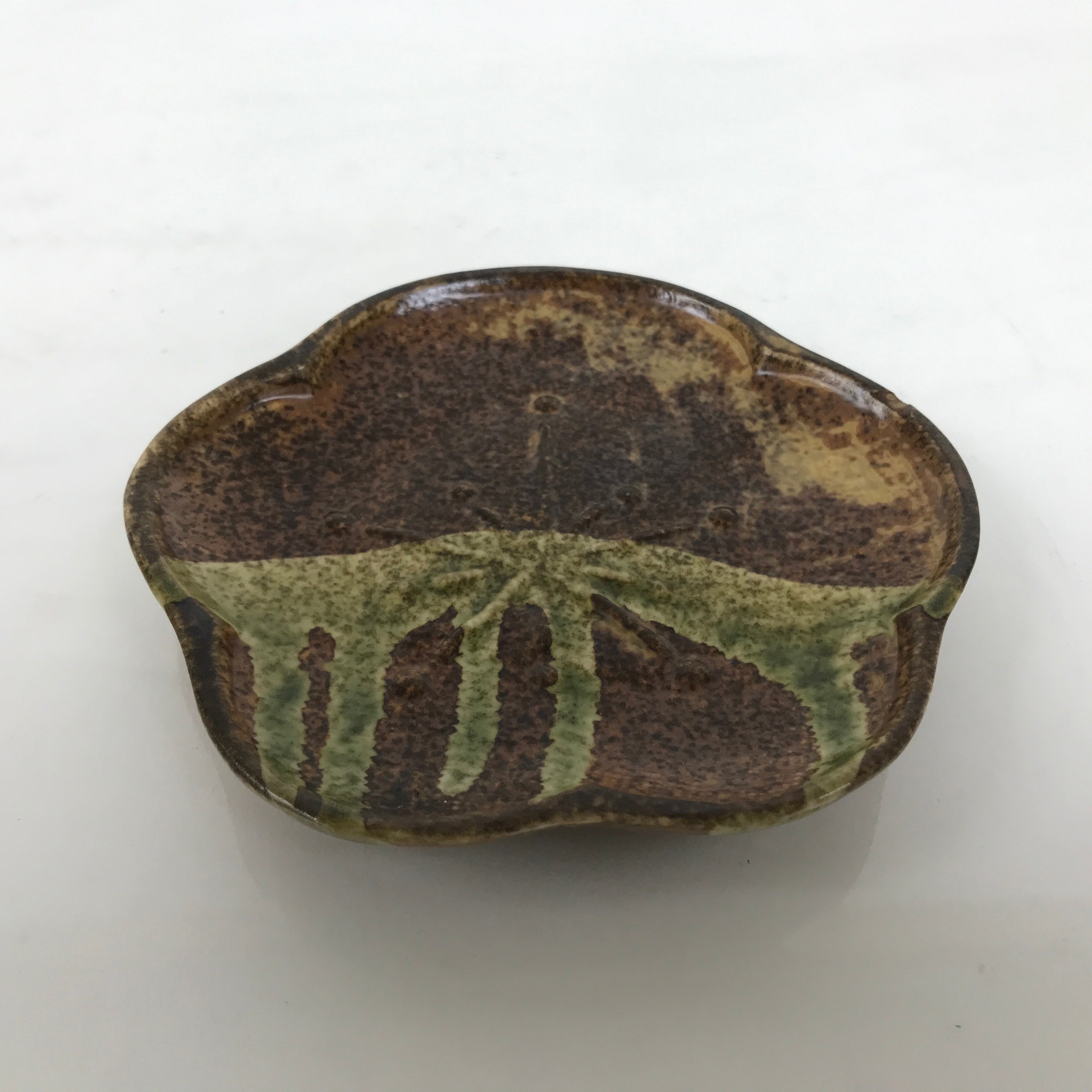 Japanese Oribe Ceramic Small Plate Kozara Pottery Green Brown Plum Blossom Y571