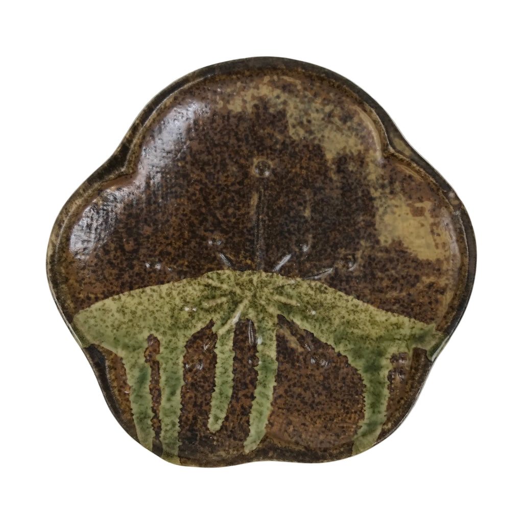 Japanese Oribe Ceramic Small Plate Kozara Pottery Green Brown Plum Blossom Y571