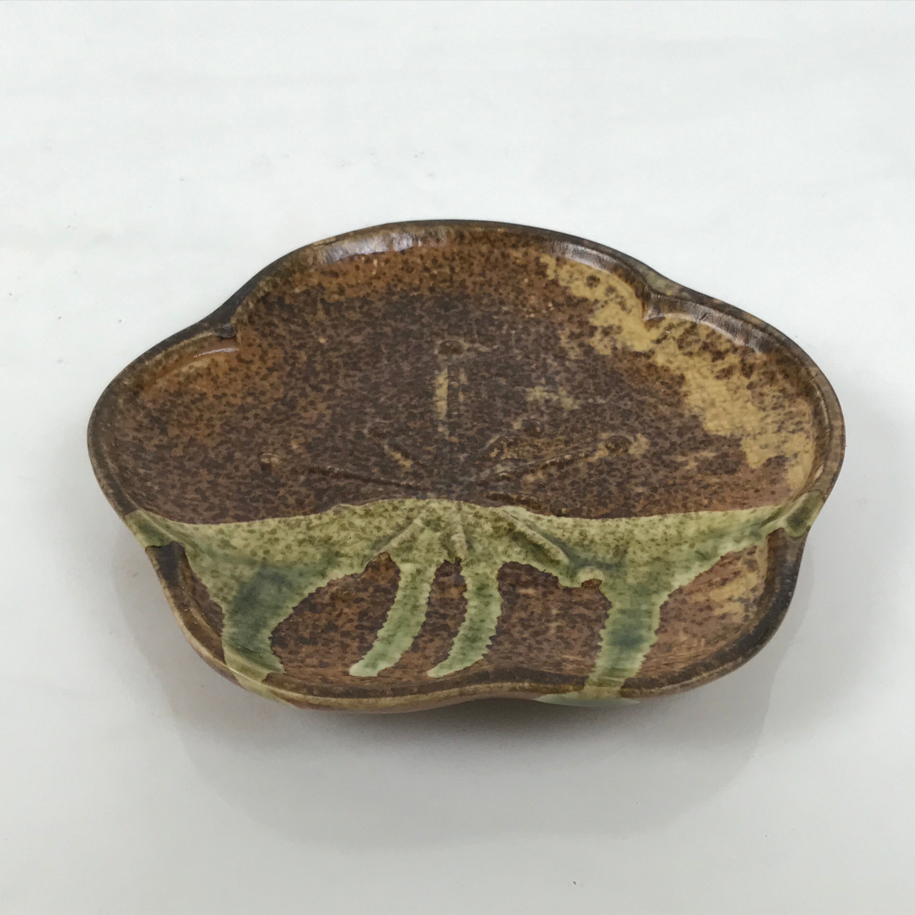 Japanese Oribe Ceramic Small Plate Kozara Pottery Green Brown Plum Blossom Y572