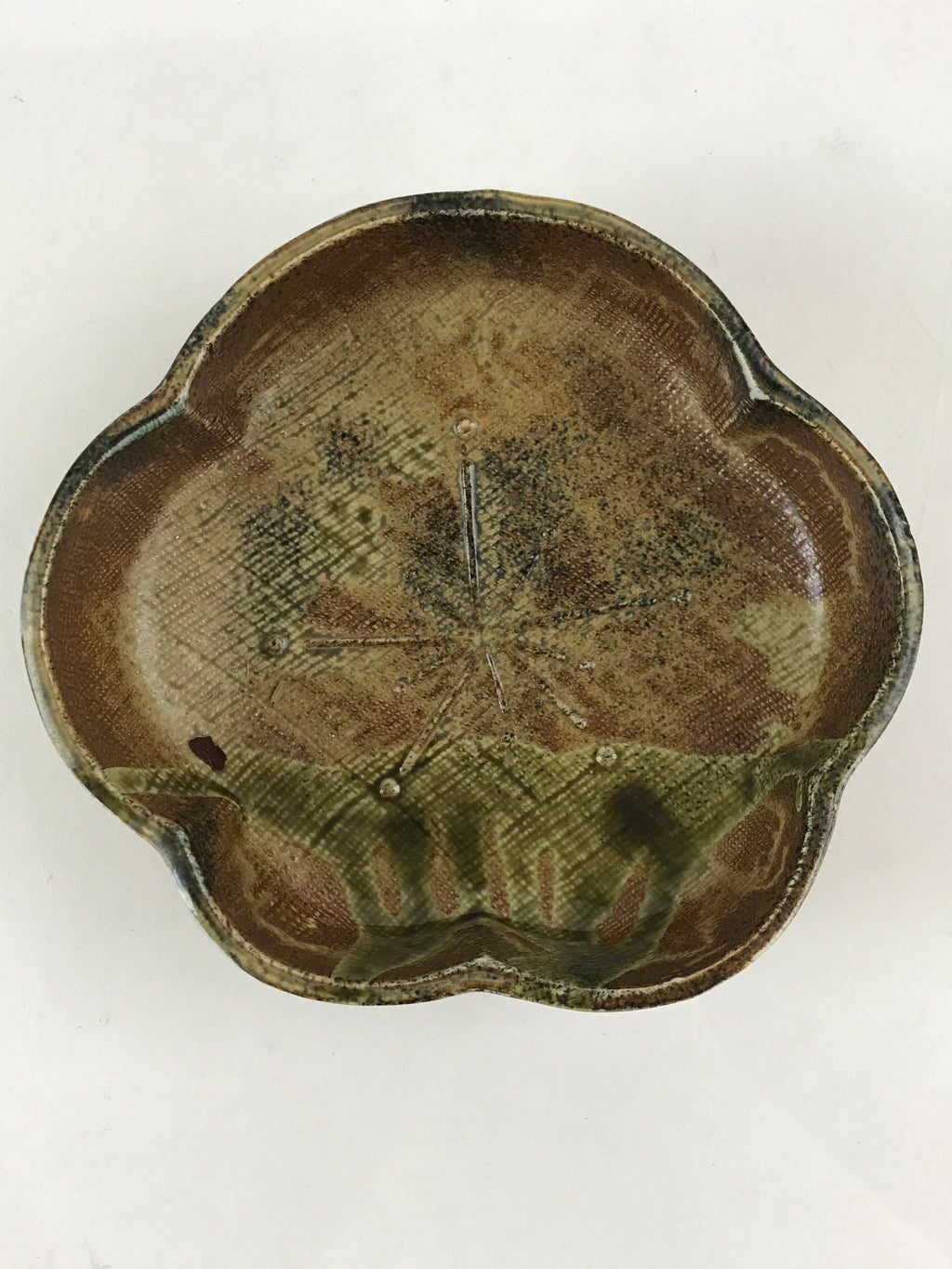 Japanese Oribe Ceramic Snack Bowl Vtg Kashiki Pottery Plum Blossom Brown PY441